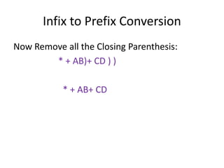 Infix to Prefix Conversion
Now Remove all the Closing Parenthesis:
* + AB)+ CD ) )
* + AB+ CD
 
