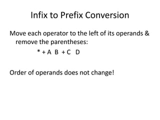 Infix to Prefix Conversion
Move each operator to the left of its operands &
remove the parentheses:
* + A B + C D
Order of operands does not change!
 