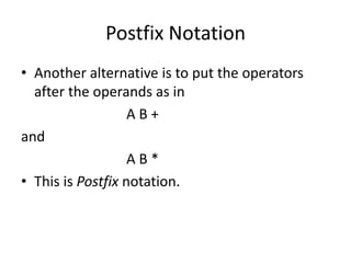Postfix Notation
• Another alternative is to put the operators
after the operands as in
A B +
and
A B *
• This is Postfix notation.
 