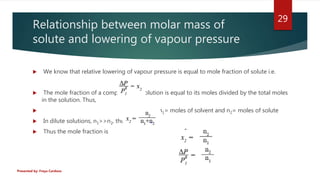 Relationship between molar mass of
solute and lowering of vapour pressure
 We know that relative lowering of vapour press...