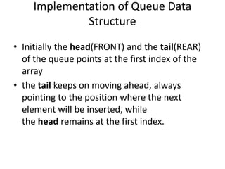 Implementation of Queue Data
Structure
• Initially the head(FRONT) and the tail(REAR)
of the queue points at the first index of the
array
• the tail keeps on moving ahead, always
pointing to the position where the next
element will be inserted, while
the head remains at the first index.
 