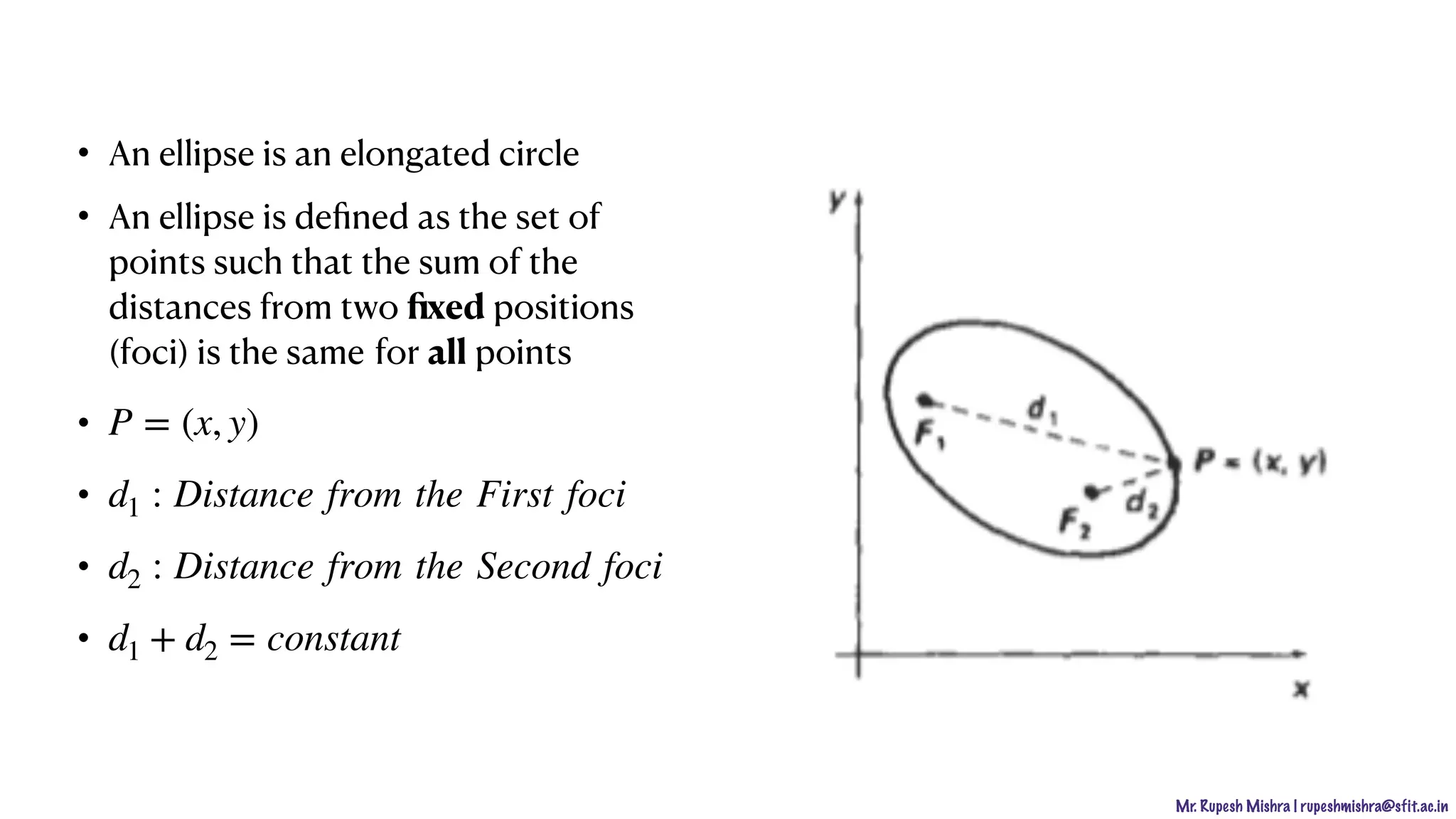 Mr. Rupesh Mishra | rupeshmishra@sfit.ac.in
• An ellipse is an elongated circle
• An ellipse is deﬁned as the set of
points such that the sum of the
distances from two ﬁxed positions
(foci) is the same for all points
•
•
•
•
P = (x, y)
d1 : Distance from the First foci
d2 : Distance from the Second foci
d1 + d2 = constant
 