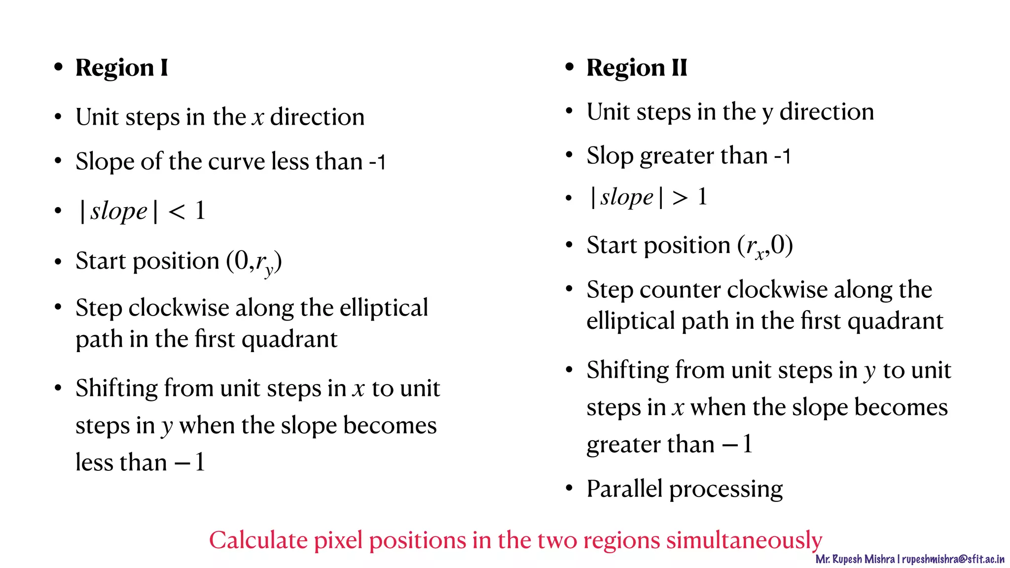 Mr. Rupesh Mishra | rupeshmishra@sfit.ac.in
• Region I
• Unit steps in the direction
• Slope of the curve less than -1
•
• Start position
• Step clockwise along the elliptical
path in the ﬁrst quadrant
• Shifting from unit steps in to unit
steps in when the slope becomes
less than
• Region II
• Unit steps in the y direction
• Slop greater than -1

•
• Start position
• Step counter clockwise along the
elliptical path in the ﬁrst quadrant
• Shifting from unit steps in to unit
steps in when the slope becomes
greater than
• Parallel processing
x
|slope| < 1
(0,ry)
x
y
−1
|slope| > 1
(rx,0)
y
x
−1
Calculate pixel positions in the two regions simultaneously
 