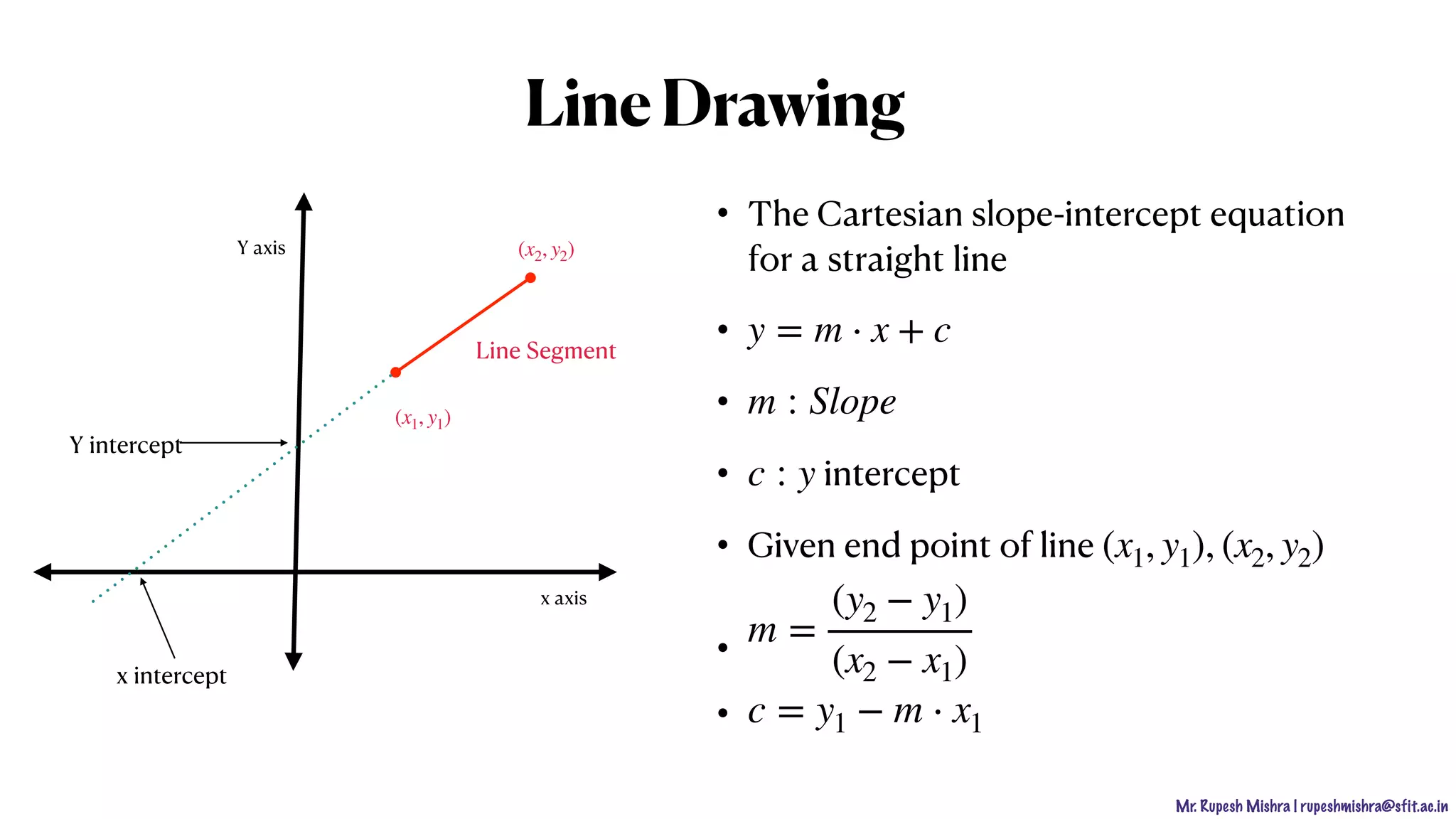 Mr. Rupesh Mishra | rupeshmishra@sfit.ac.in
LineDrawing
• The Cartesian slope-intercept equation
for a straight line
•
•
• intercept
• Given end point of line
•
•
y = m ⋅ x + c
m : Slope
c : y
(x1, y1), (x2, y2)
m =
(y2 − y1)
(x2 − x1)
c = y1 − m ⋅ x1
Line Segment
Y intercept
x intercept
(x1, y1)
(x2, y2)
x axis
Y axis
 