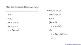 Mr. Rupesh Mishra | rupeshmishra@sfit.ac.in
Algorithm breshanmsLine( )
______________________________________
x1, y1, x2, y2
x = x1
y = y1
dx = x2 − x1
dy = y2 − y1
p = 2dy − dx
while(x < = x2)
putpixel(x, y)
x + +
if(p < 0)
p = p + 2dy
else
p = 2dy − 2dx + p
y + +
 