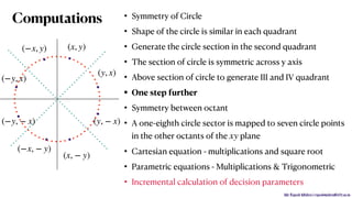 Mr. Rupesh Mishra | rupeshmishra@sfit.ac.in
• Symmetry of Circle
• Shape of the circle is similar in each quadrant
• Generate the circle section in the second quadrant
• The section of circle is symmetric across y axis
• Above section of circle to generate III and IV quadrant
• One step further
• Symmetry between octant
• A one-eighth circle sector is mapped to seven circle points
in the other octants of the plane
• Cartesian equation - multiplications and square root
• Parametric equations - Multiplications & Trigonometric
• Incremental calculation of decision parameters
xy
Computations
.
(x, y)
.
(x, − y)
.
(y, x)
.(y, − x)
.(−y, − x)
.
(−x, − y)
.(−y, x)
.
(−x, y)
 