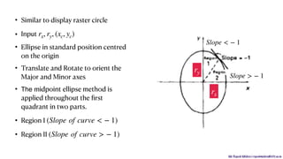 Mr. Rupesh Mishra | rupeshmishra@sfit.ac.in
• Similar to display raster circle
• Input
• Ellipse in standard position centred
on the origin
• Translate and Rotate to orient the
Major and Minor axes
• The midpoint ellipse method is
applied throughout the ﬁrst
quadrant in two parts.
• Region I
• Region II
•rx, ry, (xc, yc)
(Slope of curve < − 1)
(Slope of curve > − 1)
ry
rx
Slope < − 1
Slope > − 1
 