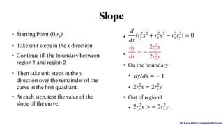 Mr. Rupesh Mishra | rupeshmishra@sfit.ac.in
• Starting Point
• Take unit steps in the direction
• Continue till the boundary between
region 1 and region 2
• Then take unit steps in the
direction over the remainder of the
curve in the ﬁrst quadrant.
• At each step, test the value of the
slope of the curve.
•
•
• On the boundary
•
•
• Out of region I

•
(0,ry)
x
y
d
dx
(r2
y x2
+ r2
x y2
− r2
x r2
y ) = 0
dy
dx
= −
2r2
y x
2r2
x y
dy/dx = − 1
2r2
y x = 2r2
x y
2r2
y x > = 2r2
x y
Slope
 