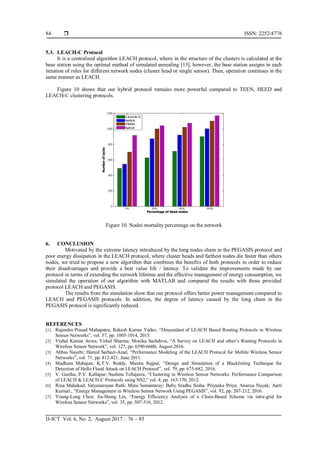  ISSN: 2252-8776
IJ-ICT Vol. 6, No. 2, August 2017 : 76 – 85
84
5.3. LEACH-C Protocol
It is a centralized algorithm LEACH protocol, where in the structure of the clusters is calculated at the
base station using the optimal method of simulated annealing [13], however, the base station assigns in each
iteration of roles for different network nodes (cluster head or single sensor). Then, operation continues in the
same manner as LEACH.
Figure 10 shows that our hybrid protocol remains more powerful compared to TEEN, HEED and
LEACH-C clustering protocols.
Figure 10. Nodes mortality percentage on the network
6. CONCLUSION
Motivated by the extreme latency introduced by the long nodes chain in the PEGASIS protocol and
poor energy dissipation in the LEACH protocol, where cluster heads and farthest nodes die faster than others
nodes, we tried to propose a new algorithm that combines the benefits of both protocols in order to reduce
their disadvantages and provide a best value life / latency. To validate the improvements made by our
protocol in terms of extending the network lifetime and the effective management of energy consumption, we
simulated the operation of our algorithm with MATLAB and compared the results with those provided
protocol LEACH and PEGASIS.
The results from the simulation show that our protocol offers better power management compared to
LEACH and PEGASIS protocols. In addition, the degree of latency caused by the long chain in the
PEGASIS protocol is significantly reduced.
REFERENCES
[1] Rajendra Prasad Mahapatra; Rakesh Kumar Yadav, “Descendant of LEACH Based Routing Protocols in Wireless
Sensor Networks”, vol. 57, pp. 1005-1014, 2015.
[2] Vishal Kumar Arora; Vishal Sharma; Monika Sachdeva, “A Survey on LEACH and other’s Routing Protocols in
Wireless Sensor Network”, vol. 127, pp. 6590-6600, August 2016.
[3] Abbas Nayebi; Hamid Sarbazi-Azad, “Performance Modeling of the LEACH Protocol for Mobile Wireless Sensor
Networks”, vol. 71, pp. 812-821, June 2011.
[4] Madhura Mahajan; K.T.V. Reddy; Manita Rajput, “Design and Simulation of a Blacklisting Technique for
Detection of Hello Flood Attack on LEACH Protocol”, vol. 79, pp. 675-682, 2016.
[5] V. Geetha; P.V. Kallapur; Sushma Tellajeera, “Clustering in Wireless Sensor Networks: Performance Comparison
of LEACH & LEACH-C Protocols using NS2,” vol. 4, pp. 163-170, 2012.
[6] Rina Mahakud; Satyanarayan Rath; Minu Samantaray; Baby Sradha Sinha; Priyanka Priya; Ananya Nayak; Aarti
Kumari., “Energy Management in Wireless Sensor Network Using PEGASIS”, vol. 92, pp. 207-212, 2016.
[7] Young-Long Chen; Jia-Sheng Lin, “Energy Efficiency Analysis of a Chain-Based Scheme via intra-grid for
Wireless Sensor Networks”, vol. 35, pp. 507-516, 2012.
 
