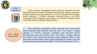 Hasil penelitian menunjukkan bahwa mayoritas responden baik dari
kelompok intervensi maupun kelompok kontrol bekerja sebagai wiraswasta,
dimana kelompok intervensi sebanyak 10 (32.30%) responden dan kelompok
kontrol sebanyak 17 (54.80%) responden. Penelitian Mock et al. (2005)
menyatakan bahwa responden yang bekerja dan memiliki mobilisasi diluar
rumah akan beresiko terhadap kejadian fraktur.
Jenis
Pekerjaan
Hasil penelitian menunjukkan bahwa mayoritas lama rawat pasien
fraktur responden pada kelompok intervensi yaitu 1 hari sampai 1 minggu
sebanyak 14 (45.20%) responden. Sedangkan pada kelompok kontrol
mayoritas lama rawat pasien fraktur yaitu 1 hari sampai 1 minggu sebanyak
23 (74.20%). Lama rawatan rata-rata pasien yang mengalami fraktur 4-7 hari
baik fraktur tertutup maupun fraktur terbuka (Sinukaban & Jemadi, 2014) dan
rata-rata lama rawat pasien fraktur adalah 7-10 hari (Nursalam & Sri, 2011).
Lama Rawat
Pasien Fraktur
 