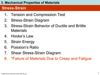 2005 Pearson Education South Asia Pte Ltd
3. Mechanical Properties of Materials
1
Stress-Strain
1. Tension and Compression Test
2. Stress-Strain Diagram
3. Stress-Strain Behavior of Ductile and Brittle
Materials
4. Hooke’s Law
5. Strain Energy
6. Poission’s Ratio
7. Shear Stress-Strain Diagram
8. *Failure of Materials Due to Creep and Fatigue
 