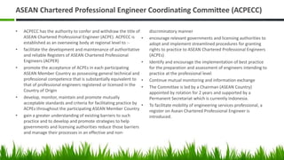 ASEAN Chartered Professional Engineer Coordinating Committee (ACPECC)
• ACPECC has the authority to confer and withdraw the title of
ASEAN Chartered Professional Engineer (ACPE). ACPECC is
established as an overseeing body at regional level to :-
• facilitate the development and maintenance of authoritative
and reliable Registers of ASEAN Chartered Professional
Engineers (ACPER)
• promote the acceptance of ACPEs in each participating
ASEAN Member Country as possessing general technical and
professional competence that is substantially equivalent to
that of professional engineers registered or licensed in the
Country of Origin
• develop, monitor, maintain and promote mutually
acceptable standards and criteria for facilitating practice by
ACPEs throughout the participating ASEAN Member Country
• gain a greater understanding of existing barriers to such
practice and to develop and promote strategies to help
governments and licensing authorities reduce those barriers
and manage their processes in an effective and non-
discriminatory manner
• encourage relevant governments and licensing authorities to
adopt and implement streamlined procedures for granting
rights to practice to ASEAN Chartered Professional Engineers
(ACPEs)
• Identify and encourage the implementation of best practice
for the preparation and assessment of engineers intending to
practice at the professional level
• Continue mutual monitoring and information exchange
• The Committee is led by a Chairman (ASEAN Country)
appointed by rotation for 2 years and supported by a
Permanent Secretariat which is currently Indonesia.
• To facilitate mobility of engineering services professional, a
register on Asean Chartered Professional Engineer is
introduced.
 