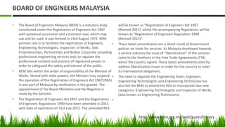 BOARD OF ENGINEERS MALAYSIA
• The Board of Engineers Malaysia (BEM) is a statutory body
constituted under the Registration of Engineers Act 1967
with perpetual succession and a common seal, which may
sue and be sued. It was formed in 23rd August 1972. BEM
primary role is to facilitate the registration of Engineers,
Engineering Technologists, Inspectors of Works, Sole
Proprietorships, Partnerships and Bodies Corporate providing
professional engineering services and; to regulate the
professional conduct and practice of registered person in
order to safeguard the safety and interest of the public.
• BEM falls within the ambit of responsibility of the Minister of
Works. Vested with wide powers, the Minister may suspend
the operation of the Registration of Engineers Act 1967 (REA)
in any part of Malaysia by notification in the gazette. The
appointment of the Board Members and the Registrar is
made by the Minister.
• The Registration of Engineers Act 1967 and the Registration
of Engineers Regulations 1990 have been amended in 2015
with date of operation on 31st July 2015. The amended REA
will be known as "Registration of Engineers Act 1967
(Revised 2015)' whilst the accompanying Regulations will be
known as "Registration of Engineers Regulatons 1990
(Revised 2015)".
• These latest amendments are a direct result of Government
policies on trade for services. As Malaysia developed towards
a service industry the issue of “liberalisation” of the services
came to the forefront in the Free Trade Agreements (FTA)
which the country signed. These latest amendments directly
address liberalisation issues in order for the country to meet
its international obligations.
• The need to regulate the Engineering Team; Engineers,
Engineering Technologists and Engineering Technicians has
also led the BEM to amend the REA to incorporate two new
categories: Engineering Technologists and Inspector of Works
(also known as Engineering Technicians).
•
http://www.bem.org.my/web/guest/history
 