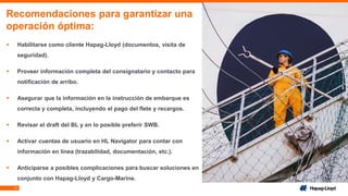 11
Recomendaciones para garantizar una
operación óptima:
▪ Habilitarse como cliente Hapag-Lloyd (documentos, visita de
seguridad).
▪ Proveer información completa del consignatario y contacto para
notificación de arribo.
▪ Asegurar que la información en la instrucción de embarque es
correcta y completa, incluyendo el pago del flete y recargos.
▪ Revisar el draft del BL y en lo posible preferir SWB.
▪ Activar cuentas de usuario en HL Navigator para contar con
información en línea (trazabilidad, documentación, etc.).
▪ Anticiparse a posibles complicaciones para buscar soluciones en
conjunto con Hapag-Lloyd y Cargo-Marine.
 