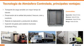 9
Tecnología de Atmósfera Controlada, principales ventajas:
Commodities:
Aguacates: Hasta 35 días
Bananas: Hasta 45 días
Arándanos: Hasta 28 días
Mango: Hasta 28 días
• Transporte de carga sensible con mayor tiempo de
tránsito
• Preservación de la calidad del product: frescura, color y
condición.
• Retarda la maduración y producción de etileno.
• Inyección de gases para acelerar el proceso
(Extrafresh Plus).
 