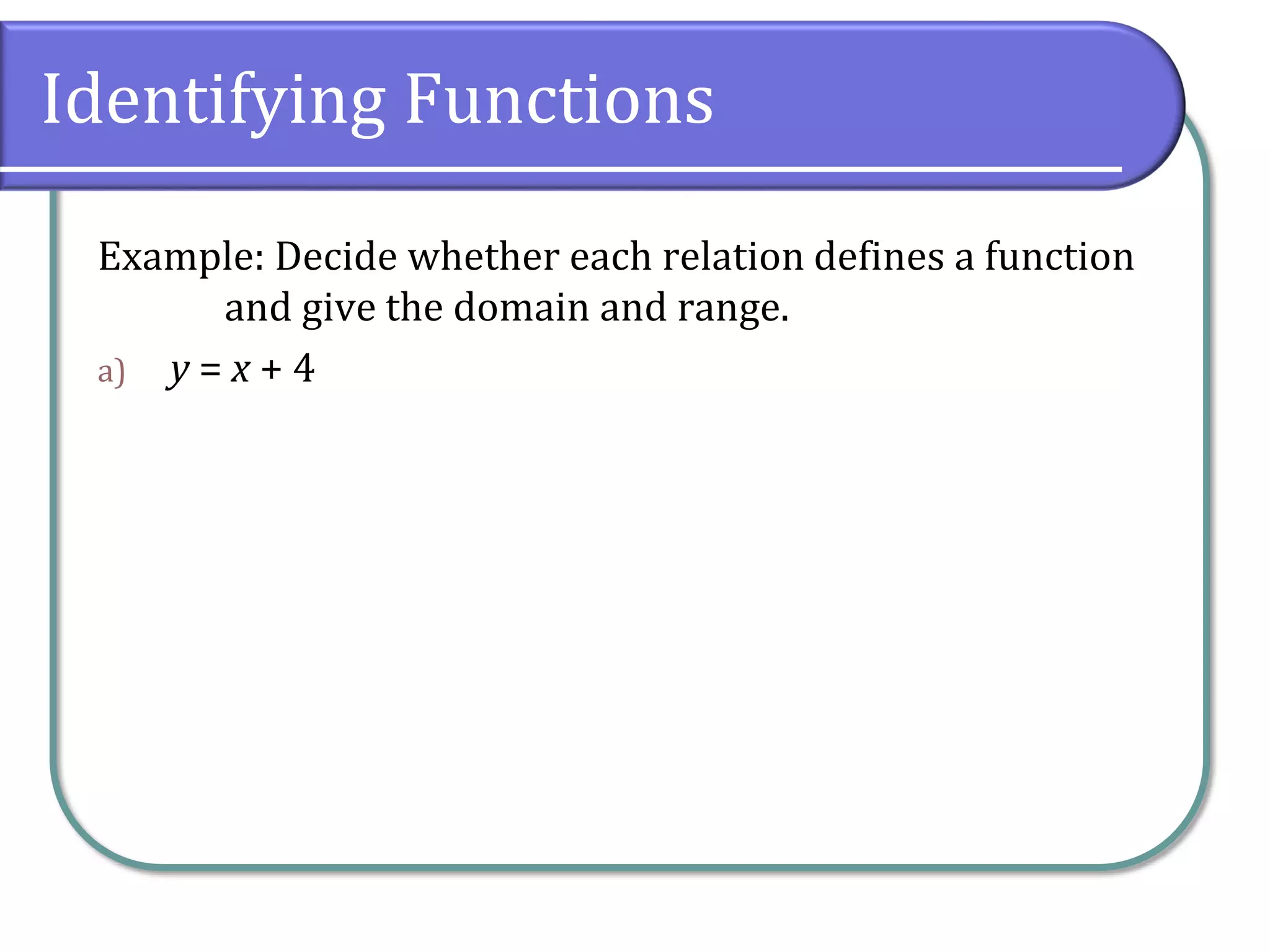 Identifying Functions
Example: Decide whether each relation defines a function
and give the domain and range.
a) y = x + 4
 