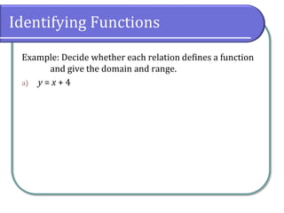 Identifying Functions
Example: Decide whether each relation defines a function
and give the domain and range.
a) y = x + 4
 