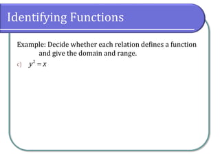 Identifying Functions
Example: Decide whether each relation defines a function
and give the domain and range.
c)
2
y x
 