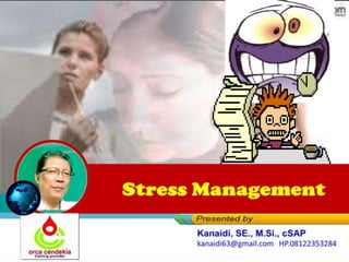 Sesi I
1 1HM MBT OKTOBER 2009
By : Kanaidi, SE., M.Si., cSAP
kanaidi@yahoo.com - 0812 2353 284
Identify The Stress
Stress Management
 