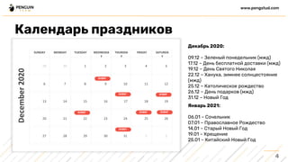 Декабрь 2020:
09.12 – Зеленый понедельник (мжд)
17.12 – День бесплатной доставки (мжд)
19.12 – День Святого Николая
22.12 – Ханука, зимнее солнцестояние
(мжд)
25.12 – Католическое рождество
26.12 – День подарков (мжд)
31.12 – Новый Год
EVENT
EVENT EVENT
EVENT EVENT EVENT
EVENT
Январь 2021:
06.01 – Сочельник
07.01 – Православное Рождество
14.01 – Старый Новый Год
19.01 – Крещение
25.01 – Китайский Новый Год
4
www.pengstud.com
Календарь праздников
 