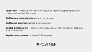 Аудиторія — населення України старше за 18 років, зареєстроване у
соціальній мережі Facebook
Вибірка репрезентативна за статтю та віком
Вибіркова сукупність 2500 респондентів
Спосіб анкетування — гугл-анкета, поширена через Facebook-сторінку
агенції Postmen
Термін анкетування — 5 днів (11-15 червня)
 