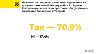 Чи готові ви поділитися вашими свідченнями чи
документами на офіційному веб-сайті Музею
Голодомору, як частини програми збору свідчень і
фактів про Голодомор в Україні?
Так — 70,9%
Ні — 17,4%
 