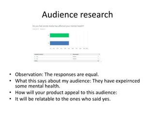 Audience research
• Observation: The responses are equal.
• What this says about my audience: They have expeirnced
some mental health.
• How will your product appeal to this audience:
• It will be relatable to the ones who said yes.
 