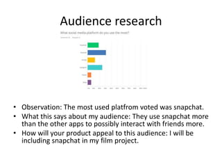 Audience research
• Observation: The most used platfrom voted was snapchat.
• What this says about my audience: They use snapchat more
than the other apps to possibly interact with friends more.
• How will your product appeal to this audience: I will be
including snapchat in my film project.
 