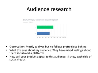Audience research
• Observation: Mostly said yes but no follows pretty close behind.
• What this says about my audience: They have mixed feelings about
there social media platforms
• How will your product appeal to this audience: Ill show each side of
social media.
 