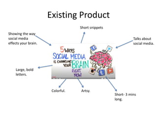Existing Product
Showing the way
social media
effects your brain.
Talks about
social media.
Short- 3 mins
long.
Colorful. Artsy.
Large, bold
letters.
Short snippets
 