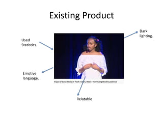 Existing Product
Used
Statistics.
Emotive
language.
Dark
lighting.
Relatable
 