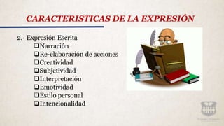2.- Expresión Escrita
Narración
Re-elaboración de acciones
Creatividad
Subjetividad
Interpretación
Emotividad
Estilo personal
Intencionalidad
CARACTERISTICAS DE LA EXPRESIÓN
 