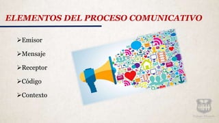 ELEMENTOS DEL PROCESO COMUNICATIVO
Emisor
Mensaje
Receptor
Código
Contexto
 