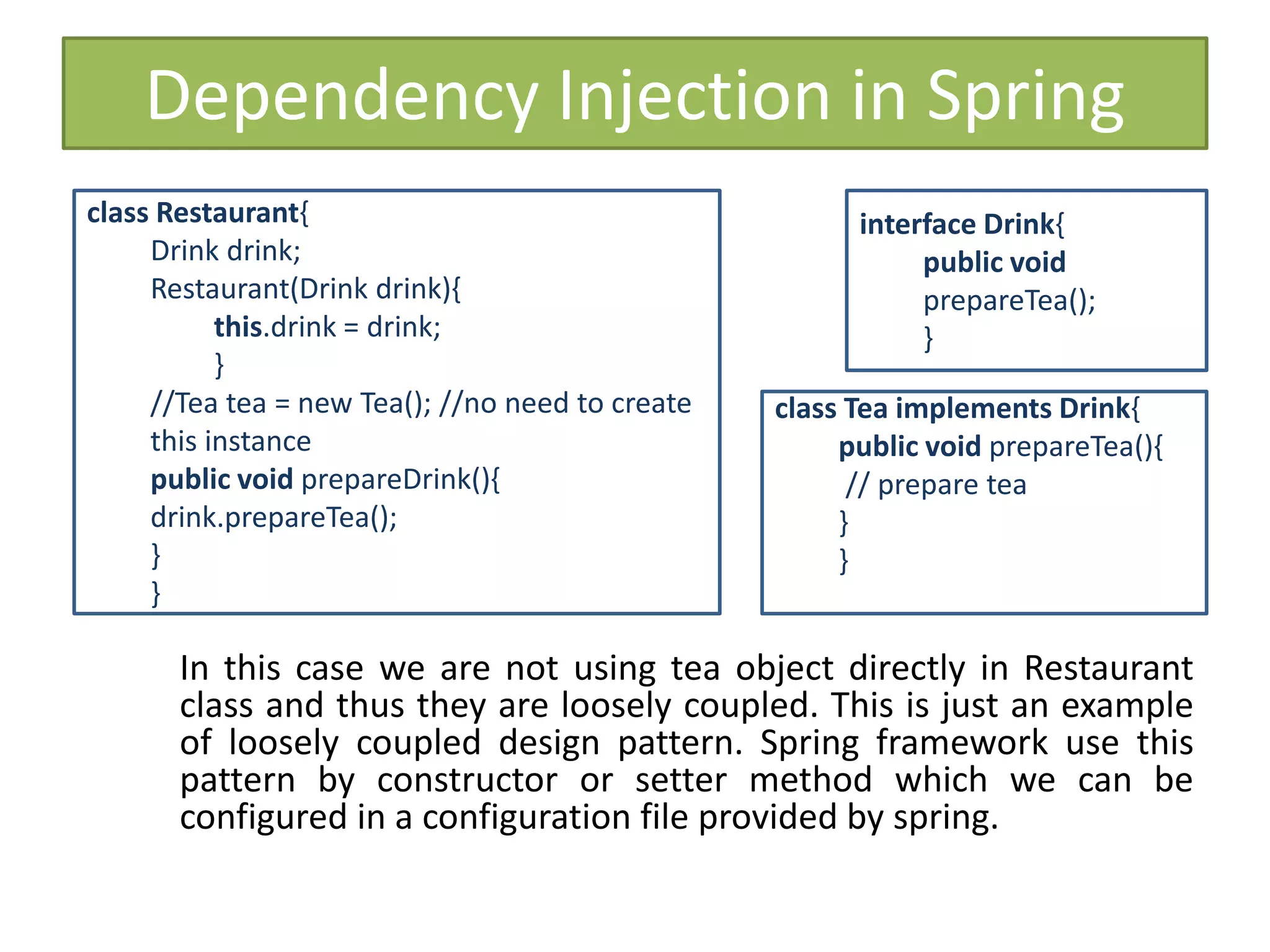 Dependency Injection in Spring
In this case we are not using tea object directly in Restaurant
class and thus they are loosely coupled. This is just an example
of loosely coupled design pattern. Spring framework use this
pattern by constructor or setter method which we can be
configured in a configuration file provided by spring.
class Restaurant{
Drink drink;
Restaurant(Drink drink){
this.drink = drink;
}
//Tea tea = new Tea(); //no need to create
this instance
public void prepareDrink(){
drink.prepareTea();
}
}
interface Drink{
public void
prepareTea();
}
class Tea implements Drink{
public void prepareTea(){
// prepare tea
}
}
 