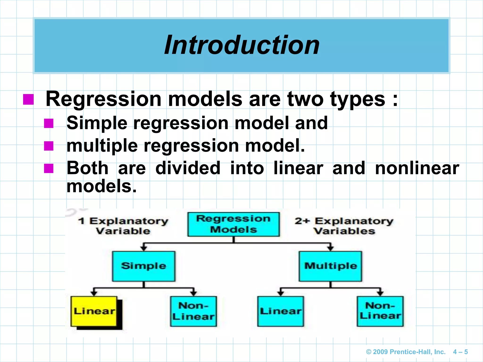 © 2009 Prentice-Hall, Inc. 4 – 5
Introduction
 Regression models are two types :
 Simple regression model and
 multiple regression model.
 Both are divided into linear and nonlinear
models.
 