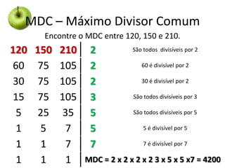 MDC – Máximo Divisor Comum
Encontre o MDC entre 120, 150 e 210.

120
60
30
15
5
1
1
1

150
75
75
75
25
5
1
1

210
105
105
105
35
7
7
1

2
2
2
3
5
5
7

São todos divisíveis por 2
60 é divisível por 2
30 é divisível por 2
São todos divisíveis por 3
São todos divisíveis por 5
5 é divisível por 5
7 é divisível por 7

MDC = 2 x 2 x 2 x 2 3 x 5 x 5 x7 = 4200

 