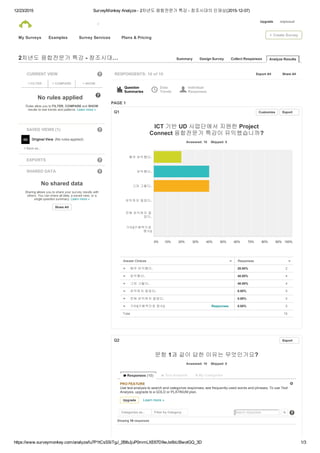 12/23/2015 SurveyMonkey Analyze ­ 2차년도 융합전문가 특강 ­ 창조시대의 인재상(2015­12­07)
https://www.surveymonkey.com/analyze/lu7P1tCsSSiTgJ_2BIbJjuP0mmLXE67D9wJs6bUBwotGQ_3D 1/3
2차년도 융합전문가 특강 ­ 창조시대… Analyze ResultsCollect ResponsesDesign SurveySummary
RESPONDENTS: 10 of 10
Ü Question
Summaries t Data
Trends UIndividual
Responses
No shared data
Sharing allows you to share your survey results with
others. You can share all data, a saved view, or a
single question summary. Learn more »
Share AllExport AllCURRENT VIEW ?
+ FILTER + COMPARE + SHOW
?No rules applied
Rules allow you to FILTER, COMPARE and SHOW
results to see trends and patterns. Learn more »
SAVED VIEWS (1) ?
Original View  (No rules applied)E
+ Save as...
EXPORTS ?
SHARED DATA ?
Share All
Q1
20.00% 2
40.00% 4
40.00% 4
0.00% 0
0.00% 0
0.00% 0
Q2
? 
PAGE 1
ICT 기반 UD 사업단에서 지원한 Project
Connect 융합전문가 특강이 유익했습니까?
Answered: 10  Skipped: 0
Total 10
문항 1과 같이 답한 이유는 무엇인가요?
Answered: 10  Skipped: 0
   
 
Showing 10 responses
ExportCustomize
매우 유익했다.
유익했다.
그저 그렇다.
유익하지 않았다.
전혀 유익하지 않
았다.
기타(구체적으로
명시)
0% 10% 20% 30% 40% 50% 60% 70% 80% 90% 100%
Answer Choices – Responses –
매우 유익했다.–
유익했다.–
그저 그렇다.–
유익하지 않았다.–
전혀 유익하지 않았다.–
Responses기타(구체적으로 명시)–
Export
w Responses (10) C Text Analysis z My Categories
PRO FEATURE
Use text analysis to search and categorize responses; see frequently­used words and phrases. To use Text
Analysis, upgrade to a GOLD or PLATINUM plan.
 Learn more »
D
Upgrade
Search responses sCategorize as... Filter by Category
My Surveys Examples  Survey Services  Plans & Pricing
+ Create Survey
Upgrade ictplusud 
 