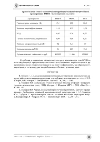 ПРОБЛЕМЫ НЕДРОПОЛЬЗОВАНИЯ № 2, 2015 г.
35С е т е в о е п е р и о д и ч е с к о е н а у ч н о е и з д а н и е
Сравнительная технико-экономическая характеристика вентилятора местного
проветривания ВРВП-6 с выпускаемыми аналогами
Разработка и применение параметрического ряда вентиляторов типа ВРВП на
базе предложенной аэродинамической схемы с использованием энергии частотных ре-
гуляторов позволит существенно повысить как энергоэффективность, так и безопасность
вентиляции, а также конкурентоспособность газообильных угольных шахт.
Литература
1. Косарев Н.П. Аэродинамика квазипотенциального течения в межлопаточных ка-
налах рабочих колес высоконагруженных центробежных вентиляторов: науч. изд. / Н.П.
Косарев, В.Н. Макаров. – Екатеринбург: Изд-во УГГУ, 2005. – 108 с.
2. Макаров Н.В. Особенности течения в круговой решетке профилей с вихреисто-
чником в критических точках / Н.В. Макаров // Известия УГГУ. – 2010. - Вып. 24. –
С. 99 – 101.
3. Макаров Н.В. Радиально-вихревые прямоточные вентиляторы местного провет-
ривания. Особенности идеальной аэродинамической характеристики / Н.В. Макаров,
С.А. Горбунов // Уральская горная школа - регионам: междунар. науч.-практ. конф.,
г. Екатеринбург, 8 - 9 апреля 2013 г. – Екатеринбург, 2013. – С. 386 – 387.
Характеристики ВРВП-6 ВМЭ-6 ВР-6
Гидравлическая мощность, кВт 47,1 19,0 22,0
Удельная энергоэффективность 1,15 1,35 1,29
КПД 0,87 0,74 0,77
Глубина экономичного регулирования 0,98 0,56 0,61
Удельная материалоемкость, кг/кВт 4,2 6,6 6,1
Удельные затраты, руб/кВт 9,4 18,9 15,8
Производственная себестоимость, руб. 165 000 135 000 125 000
 