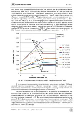 ПРОБЛЕМЫ НЕДРОПОЛЬЗОВАНИЯ № 2, 2015 г.
57С е т е в о е п е р и о д и ч е с к о е н а у ч н о е и з д а н и е
ных машин. При этом насыщение происходит тем раньше, чем больше весовой (объем-
ный) модуль ЭАК. Также наблюдаются известные закономерности: с увеличением гру-
зоподъемности автосамосвалов существенно повышается производительность ком-
плекса, однако в случае использования экскаваторов с малой вместимостью ковша при
объемном модуле ЭАК более 6,5 – 7,0 производительность комплекса даже ниже, чем у
ЭАК с менее грузоподъемными самосвалами, но большим ковшом экскаватора (см. ЭКГ-
8(7513) и ЭКГ-20(7555)). В то же время при работе в паре с экскаватором, объем ковша
которого близок к оптимальному для данного автосамосвала (согласно рекомендациям
многих литературных источников: 4 – 6 ковшей экскаватора на погрузку одного автоса-
мосвала), значительно увеличивается производительность ЭАК. Например, 15 самосва-
лов БелАЗ-7513 в паре с экскаватором ЭКГ-40 обеспечивают производительность на
26,5 % выше относительно варианта с ЭКГ-20, а 20 таких самосвалов – на 32 %.
Рис. 4 – Расчетная годовая производительность для рассматриваемых ЭАК
С точки зрения увеличения производительности рационально выбирать ЭАК с ве-
совым (объемным) модулем менее 4. Однако экскаваторы большого типоразмера влекут
повышенные капитальные и эксплуатационные затраты. Поэтому важно оценить тех-
нико-экономические показатели по рассмотренным вариантам.
Технико-экономический расчет базируется на полученных моделированием тех-
нологических параметрах и затратных показателях, определенных как по аналогам и
имеющимся ценам на расходные материалы, так и на регрессионных зависимостях ана-
логично методике, описанной в [5]. Для автосамосвалов использовались данные иссле-
дований [5, 6]. Для экскаваторов на основе сведений о стоимостных показателях [7, 8]
были установлены регрессионные зависимости и путем экстраполяции и интерполяции
определены искомые удельные экономические показатели экскавации в зависимости от
вместимости ковша экскаватора.
0
5000
10000
15000
20000
25000
30000
35000
40000
45000
5 10 15 20
Превезено,тыс.т/год
Количество самосвалов, шт.
ЭКГ-5 (7540)
ЭКГ-8 (7540)
ЭКГ-20 (7540)
ЭКГ-5 (7555)
ЭКГ-8 (7555)
ЭКГ-20 (7555)
ЭКГ-8 (7513)
ЭКГ-15 (7513)
ЭКГ-20 (7513)
ЭКГ-40 (7513)
БелАЗ-7540
БелАЗ-7555
БелАЗ-7513
Объемный
модуль ЭАК
1,8
3,5
4,7
1,7
8,8
4,1
6,6
1,0
2,4
3,8
 