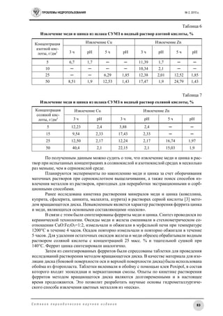 ПРОБЛЕМЫ НЕДРОПОЛЬЗОВАНИЯ № 2, 2015 г.
83С е т е в о е п е р и о д и ч е с к о е н а у ч н о е и з д а н и е
Таблица 6
Извлечение меди и цинка из шлака СУМЗ в водный раствор азотной кислоты, %
Концентрация
азотной кис-
лоты, г/дм3
Извлечение Cu Извлечение Zn
3 ч рН 5 ч рН 3 ч рН 5 ч рН
5 6,7 1,7 ─ ─ 11,39 1,7 ─ ─
10 ─ ─ ─ ─ 10,34 2,1 ─ ─
25 ─ ─ 6,29 1,85 12,38 2,01 12,52 1,85
50 8,51 1,9 12,53 1,43 17,47 1,9 24,79 1,43
Таблица 7
Извлечение меди и цинка из шлака СУМЗ в водный раствор соляной кислоты, %
Концентрация
соляной кис-
лоты, г/дм3
Извлечение Cu Извлечение Zn
3 ч рН 3 ч рН 5 ч рН
5 12,23 2,4 3,88 2,4 ─ ─
15 9,54 2,33 17,43 2,33 ─ ─
25 12,50 2,17 12,24 2,17 16,74 1,97
50 40,4 2,1 22,15 2,1 15,03 1,9
По полученным данным можно судить о том, что извлечение меди и цинка в рас-
твор при испытанных концентрациях в солянокислой и азотнокислой средах в несколько
раз меньше, чем в сернокислой среде.
Планируются эксперименты по накоплению меди и цинка за счет оборачивания
маточных растворов при сернокислотном выщелачивании, а также поиск способов из-
влечения металлов из растворов, пригодных для переработки экстракционными и сорб-
ционными способами.
Ранее исследована кинетика растворения минералов меди и цинка (ковеллина,
куприта, сфалерита, цинкита, малахита, азурита) в растворах серной кислоты [3] мето-
дом вращающегося диска. Невыясненным является характер растворения феррита цинка
и меди, являющихся основными составляющими «песков».
В связи с этим были синтезированы ферриты меди и цинка. Синтез проводился по
керамической технологии. Оксиды меди и железа смешивали в стехиометрическом со-
отношении CuO:Fe2O3=1:2, измельчали и обжигали в муфельной печи при температуре
1200°С в течение 4 часов. Осадок повторно измельчали и повторно обжигали в течение
5 часов. Для удаления остаточных оксидов железа и меди образец обрабатывали водным
раствором соляной кислоты с концентрацией 25 масс. % и тщательной сушкой при
140°С. Феррит цинка синтезировали аналогично.
Затем из синтезированных ферритов были спрессованы таблетки для проведения
исследований растворения методом вращающегося диска. В качестве материала для изо-
ляции диска (боковой поверхности оси и верхней поверхности диска) была использована
обойма из фторопласта. Таблетки вклеивали в обойму с помощью клея Poxipol, в состав
которого входят эпоксидная и меркаптановая смолы. Опыты по кинетике растворения
ферритов методом вращающегося диска являются долговременными и в настоящее
время продолжаются. Это позволит разработать научные основы гидрометаллургиче-
ского способа извлечения цветных металлов из «песка».
 