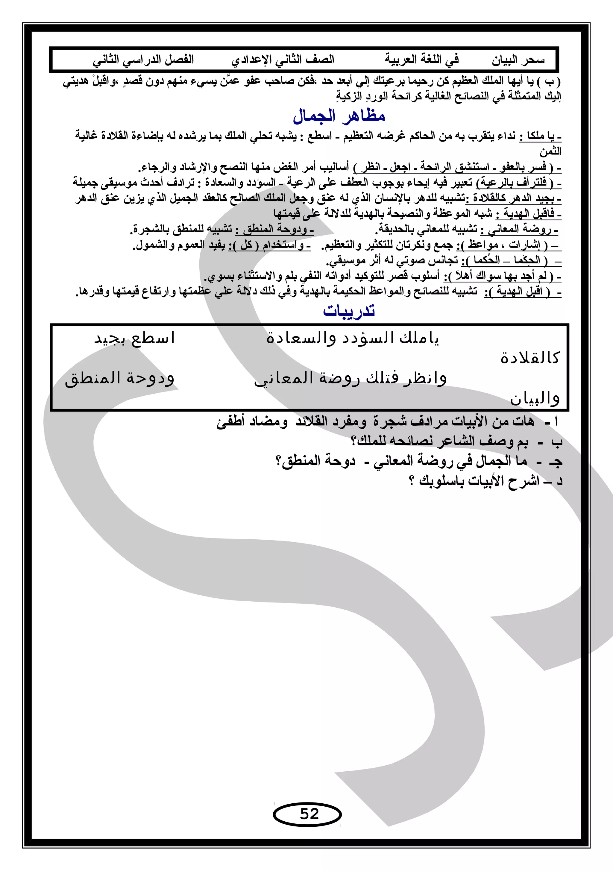 ‫سحر‬‫البيان‬‫في‬‫اللغة‬‫العربية‬‫الصف‬‫الثاني‬‫الدعدادي‬‫الفصل‬‫الدراسي‬‫الثاني‬
‫هديتي‬ ‫ل‬ْ ‫،واقب‬ ‫د‬ٍ ‫قص‬ ‫دون‬ ‫منهم‬ ‫يسيء‬ ‫من‬َّ ‫ع‬ ‫عفو‬ ‫صاحب‬ ‫،فكن‬ ‫حد‬ ‫أبعد‬ ‫إلي‬ ‫برعيتك‬ ‫رحيما‬ ‫كن‬ ‫العظيم‬ ‫الملك‬ ‫أيها‬ ‫يا‬ ( ‫ب‬ )
‫ة‬ِ  ‫الزكي‬ ‫د‬ِ ‫الور‬ ‫كرائحة‬ ‫الغالية‬ ‫النصائح‬ ‫في‬ ‫المتمثلة‬ ‫إليك‬
‫الجمال‬ ‫مظاهر‬
: ‫ملكا‬ ‫يا‬ -‫غالية‬ ‫القلدة‬ ‫بإضاءة‬ ‫له‬ ‫يرشده‬ ‫بما‬ ‫الملك‬ ‫تحلي‬ ‫يشبه‬ : ‫اسطع‬ - ‫التعظيم‬ ‫غرضه‬ ‫الحاكم‬ ‫من‬ ‫به‬ ‫يتقرب‬ ‫نداء‬
‫الثمن‬
( ‫انظر‬ ‫ـ‬ ‫اجعل‬ ‫ـ‬ ‫الرائحة‬ ‫استنشق‬ ‫ـ‬ ‫بالعفو‬ ‫فسر‬ ) -.‫والرجاء‬ ‫والرشاد‬ ‫النصح‬ ‫منها‬ ‫الغض‬ ‫أمر‬ ‫أساليب‬
(‫بالرعية‬ ‫فلترأف‬ ) -‫جميلة‬ ‫موسيقى‬ ‫أحد ث‬ ‫ترادف‬ : ‫والسعادة‬ ‫السؤدد‬ - ‫الرعية‬ ‫على‬ ‫العطف‬ ‫بوجوب‬ ‫إيحاء‬ ‫فيه‬ ‫تعبير‬
: ‫كالقلدة‬ ‫الدهر‬ ‫بجيد‬ -‫الدهر‬ ‫عنق‬ ‫يزين‬ ‫الذي‬ ‫الجميل‬ ‫كالعقد‬ ‫الصالح‬ ‫الملك‬ ‫وجعل‬ ‫عنق‬ ‫له‬ ‫الذي‬ ‫بالنسان‬ ‫للدهر‬ ‫تشبيه‬
: ‫الهدية‬ ‫فاقبل‬ -‫قيمتها‬ ‫على‬ ‫للدللة‬ ‫بالهدية‬ ‫والنصيحة‬ ‫الموعظة‬ ‫شبه‬
: ‫المعاني‬ ‫روضة‬ -.‫بالحديقة‬ ‫للمعاني‬ ‫تشبيه‬: ‫المنطق‬ ‫ودوحة‬ -.‫بالشجرة‬ ‫للمنطق‬ ‫تشبيه‬
:( ‫مواعظ‬ ، ‫إشارات‬ ) –.‫والتعظيم‬ ‫للتكثير‬ ‫ونكرتان‬ ‫جمع‬:( ‫كل‬ ) ‫واستخدام‬ -.‫والشمول‬ ‫العموم‬ ‫يفيد‬
:( ‫حكما‬ُ  ‫ال‬ – ‫كما‬َ. ‫ح‬ِ  ‫ال‬ ) –.‫موسيقي‬ ‫أثر‬ ‫له‬ ‫صوتي‬ ‫تجانس‬
:( ‫ل‬َ. ‫أه‬ ‫سواك‬ ‫بها‬ ‫أجد‬ ‫لم‬ ) -.‫بسوي‬ ‫والستثناء‬ ‫بلم‬ ‫النفي‬ ‫أدواته‬ ‫للتوكيد‬ ‫قصر‬ ‫أسلوب‬
:( ‫الهدية‬ ‫اقبل‬ ) -.‫وقدرها‬ ‫قيمتها‬ ‫وارتفاع‬ ‫عظمتها‬ ‫علي‬ ‫دللة‬ ‫ذلك‬ ‫وفي‬ ‫بالهدية‬ ‫الحكيمة‬ ‫والمواعظ‬ ‫للنصائح‬ ‫تشبيه‬
‫تدريبات‬
‫ياملك‬‫السؤدد‬‫والسعادة‬‫اسطع‬‫بجيد‬
‫كالقلدة‬
‫وانظر‬‫فتلك‬‫روضة‬‫المعاني‬‫ودوحة‬‫المنطق‬
‫والبيان‬
‫ا‬‫هات‬ -‫من‬‫البيات‬‫مرادف‬‫شجرة‬‫ومفرد‬‫القلدئد‬‫ومضاد‬‫أطفئ‬
‫ب‬‫بم‬ -‫وصف‬‫الشادعر‬‫نصادئحه‬‫للملك؟‬
‫جـ‬‫ما‬ -‫الجمال‬‫في‬‫روضة‬‫المعاني‬‫دوحة‬ -‫المنطق؟‬
‫د‬–‫اشرح‬‫البيات‬‫باسلوبك‬‫؟‬
52
 