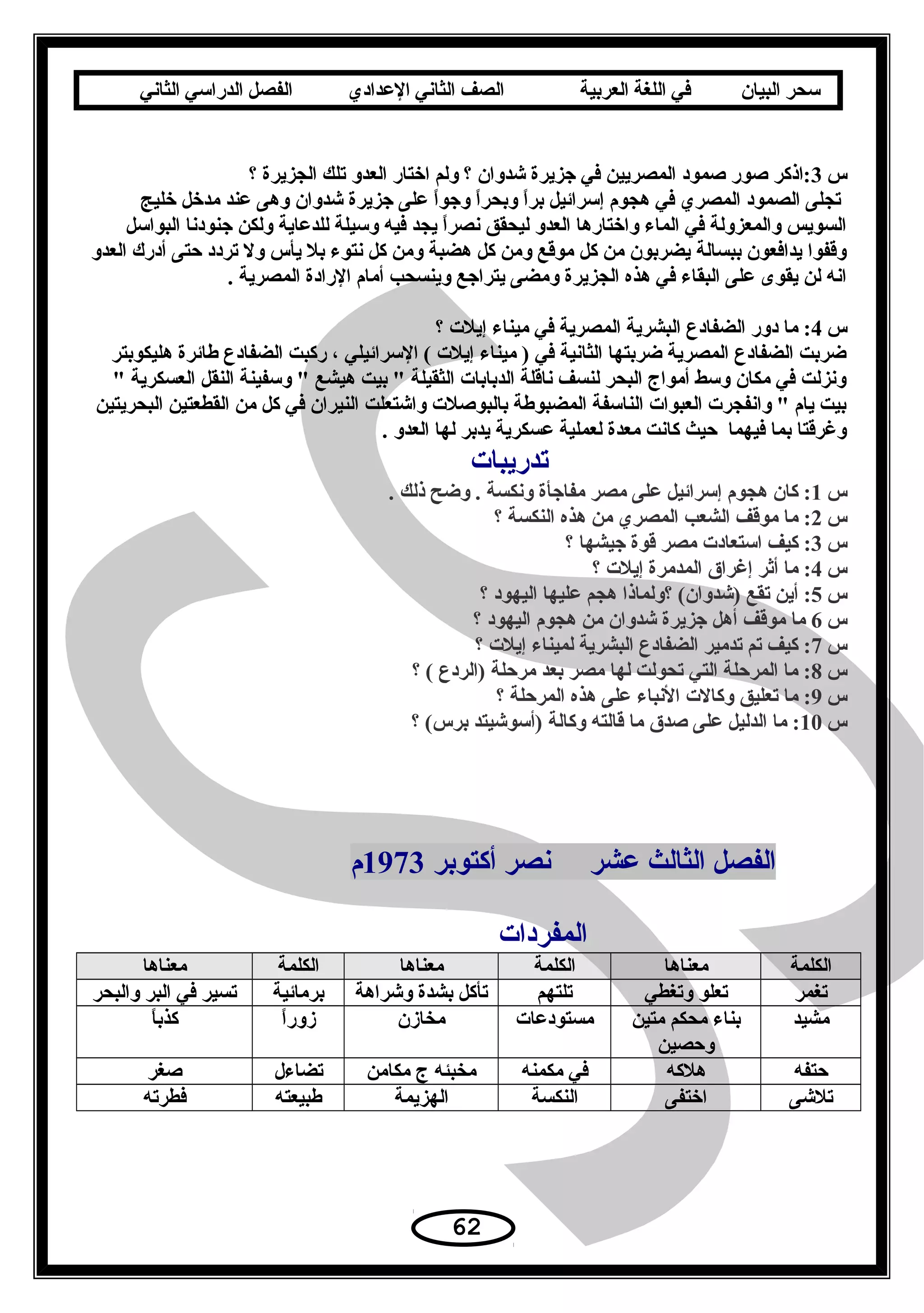‫سحر‬‫البيان‬‫في‬‫اللغة‬‫العربية‬‫الصف‬‫الثاني‬‫الدعدادي‬‫الفصل‬‫الدراسي‬‫الثاني‬
‫س‬3‫؟‬ ‫الجزيرة‬ ‫تلك‬ ‫العدو‬ ‫اختار‬ ‫ولم‬ ‫؟‬ ‫شدوان‬ ‫جزيرة‬ ‫في‬ ‫المصريين‬ ‫صمود‬ ‫صور‬ ‫:اذكر‬
‫خليج‬ ‫مدخل‬ ‫عند‬ ‫وهى‬ ‫شدوان‬ ‫جزيرة‬ ‫على‬ ‫ا‬ً ‫وجو‬ ‫ا‬ً ‫وبحر‬ ‫ا‬ً ‫بر‬ ‫إسرائيل‬ ‫هجوم‬ ‫في‬ ‫المصري‬ ‫الصمود‬ ‫تجلى‬
‫البواسل‬ ‫جنودنا‬ ‫ولكن‬ ‫للدعاية‬ ‫وسيلة‬ ‫فيه‬ ‫يجد‬ ‫ا‬ً ‫نصر‬ ‫ليحقق‬ ‫العدو‬ ‫واختارها‬ ‫الماء‬ ‫في‬ ‫والمعزولة‬ ‫السويس‬
‫العدو‬ ‫أدرك‬ ‫حتى‬ ‫تردد‬ ‫ول‬ ‫يأس‬ ‫بل‬ ‫نتوء‬ ‫كل‬ ‫ومن‬ ‫هضبة‬ ‫كل‬ ‫ومن‬ ‫موقع‬ ‫كل‬ ‫من‬ ‫يضربون‬ ‫ببسالة‬ ‫يدافعون‬ ‫وقفوا‬
. ‫المصرية‬ ‫الرادة‬ ‫أمام‬ ‫وينسحب‬ ‫يتراجع‬ ‫ومضى‬ ‫الجزيرة‬ ‫هذه‬ ‫في‬ ‫البقاء‬ ‫على‬ ‫يقوى‬ ‫لن‬ ‫انه‬
‫س‬4‫؟‬ ‫إيلت‬ ‫ميناء‬ ‫في‬ ‫المصرية‬ ‫البشرية‬ ‫الضفادع‬ ‫دور‬ ‫ما‬ :
‫هليكوبتر‬ ‫طائرة‬ ‫الضفادع‬ ‫ركبت‬ ، ‫السرائيلي‬ ( ‫إيلت‬ ‫ميناء‬ ) ‫في‬ ‫الثانية‬ ‫ضربتها‬ ‫المصرية‬ ‫الضفادع‬ ‫ضربت‬
 ‫العسكرية‬ ‫النقل‬ ‫وسفينة‬  ‫هيشع‬ ‫بيت‬  ‫الثقيلة‬ ‫الدبابات‬ ‫ناقلة‬ ‫لنسف‬ ‫البحر‬ ‫أمواج‬ ‫وسط‬ ‫مكان‬ ‫في‬ ‫ونزلت‬
‫البحريتين‬ ‫القطعتين‬ ‫من‬ ‫كل‬ ‫في‬ ‫النيران‬ ‫واشتعلت‬ ‫بالبوصلت‬ ‫المضبوطة‬ ‫الناسفة‬ ‫العبوات‬ ‫وانفجرت‬  ‫يام‬ ‫بيت‬
. ‫العدو‬ ‫لها‬ ‫يدبر‬ ‫عسكرية‬ ‫لعملية‬ ‫معدة‬ ‫كانت‬ ‫حيث‬ ‫فيهما‬ ‫بما‬ ‫وغرقتا‬
‫تدريبات‬
‫س‬1. ‫ذلك‬ ‫وضح‬ . ‫ونكسة‬ ‫مفاجأة‬ ‫مصر‬ ‫على‬ ‫إسرائيل‬ ‫هجوم‬ ‫كان‬ :
‫س‬2‫؟‬ ‫النكسة‬ ‫هذه‬ ‫من‬ ‫المصري‬ ‫الشعب‬ ‫موقف‬ ‫ما‬ :
‫س‬3‫؟‬ ‫جيشها‬ ‫قوة‬ ‫مصر‬ ‫استعادت‬ ‫كيف‬ :
‫س‬4‫؟‬ ‫إيلت‬ ‫المدمرة‬ ‫إغراق‬ ‫أةثر‬ ‫ما‬ :
‫س‬5‫؟‬ ‫اليهود‬ ‫عليها‬ ‫هجم‬ ‫؟ولماذا‬ (‫)شدوان‬ ‫تقع‬ ‫أين‬ :
‫س‬6‫؟‬ ‫اليهود‬ ‫هجوم‬ ‫من‬ ‫شدوان‬ ‫جزيرة‬ ‫أهل‬ ‫موقف‬ ‫ما‬
‫س‬7‫؟‬ ‫إيلت‬ ‫لميناء‬ ‫البشرية‬ ‫الضفادع‬ ‫تدمير‬ ‫تم‬ ‫كيف‬ :
‫س‬8‫؟‬ ( ‫)الردع‬ ‫مرحلة‬ ‫بعد‬ ‫مصر‬ ‫لها‬ ‫تحولت‬ ‫التي‬ ‫المرحلة‬ ‫ما‬ :
‫س‬9‫؟‬ ‫المرحلة‬ ‫هذه‬ ‫على‬ ‫النباء‬ ‫وكالت‬ ‫تعليق‬ ‫ما‬ :
‫س‬10‫؟‬ (‫برس‬ ‫)أسوشيتد‬ ‫وكالة‬ ‫قالته‬ ‫ما‬ ‫صدق‬ ‫على‬ ‫الدليل‬ ‫ما‬ :
‫عشر‬ ‫الثالث‬ ‫الفصل‬‫أكتوبر‬ ‫نصر‬1973‫م‬
‫المفردات‬
‫الكلمة‬‫معناها‬‫الكلمة‬‫معناها‬‫الكلمة‬‫معناها‬
‫تغمر‬‫وتغطي‬ ‫تعلو‬‫تلتهم‬‫وشراهة‬ ‫بشدة‬ ‫تأكل‬‫برمائية‬‫والبحر‬ ‫البر‬ ‫في‬ ‫تسير‬
‫مشيد‬‫متين‬ ‫محكم‬ ‫بناء‬
‫وحصين‬
‫مستودعات‬‫مخازن‬‫ا‬ً ‫زور‬‫ا‬ً ‫كذب‬
‫حتفه‬‫هلكه‬‫مكمنه‬ ‫في‬‫مكامن‬ ‫ج‬ ‫مخبئه‬‫تضاء ل‬‫صغر‬
‫تلشى‬‫اختفى‬‫النكسة‬‫الهزيمة‬‫طبيعته‬‫فطرته‬
62
 