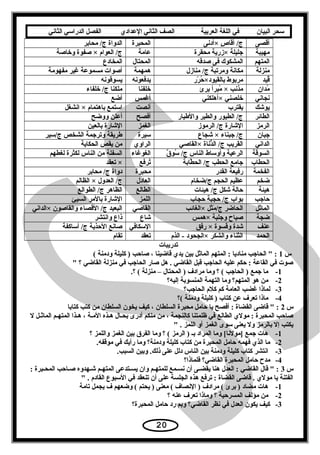 ‫سحر‬‫البيان‬‫في‬‫اللغة‬‫العربية‬‫الصف‬‫الثاني‬‫الدعدادي‬‫الفصل‬‫الدراسي‬‫الثاني‬
‫أقصى‬‫ص× ×أدنى‬ٍ  ‫ج/× أقا‬‫المحبرة‬‫الدواة× ج/× محابر‬
‫مهيبة‬‫جليلة× ×زرية× محقرة‬‫عامة‬‫ج/× العوام× ×× صفوة× وخاصة‬
‫المتهم‬‫المشكوك× فى× صدقه‬‫المحتال‬‫المخادع‬
‫منزلة‬‫مكانة× ومرتبة× ج/× منازل‬‫همهمة‬‫أصوات× مسموعة× غير× مفهومة‬
‫قيد‬ُ‫رر‬ّ‫ر‬ ‫ح‬ُ ×‫مربوط× بالقيود‬‫يدفعونه‬‫يسوقونه‬
‫مدان‬ُ‫مبرأ× برئ‬ُ  ×× ×‫مذنب‬‫خلفنا‬ ×‫ملكنا× ج/× خلفاء‬
‫نجاني‬‫خلصني× ×أهلكني‬‫أغمس‬‫أضع‬
‫يوشك‬‫يقترب‬‫أنصت‬‫استمع× باهتمام× ×× انشغل‬
‫الطائر‬‫ج/× الطيور× والطير× واليطيار‬‫أفصح‬‫أعلن× ووضح‬
‫الرمز‬‫الشارة× ج/× الرموز‬‫الغمز‬‫الشارة× بالعين‬
‫جبان‬‫ج/× جبناء× ×× شجاع‬‫سيرة‬‫سير‬ِ‫ي‬ /‫يطريقة× وترجمة× الشخص× ج‬
‫الداني‬‫دناة× ×القاصي‬ُُّ‫القريب× ج/× ال‬‫الراوي‬ ×‫من× يقص× الحكاية‬
‫السوقة‬‫ق‬ٌ ‫سو‬ُ  ×/‫الرعية× وأوساط× الناس× ج‬‫الغوغاء‬‫السفلة× من× الناس× لكثرة× لغطهم‬
‫الحطاب‬‫طابة‬َّ ‫جامع× الحطب× ج/× الح‬‫ترفع‬ُ‫×× تعقد‬
‫الفخمة‬‫رفيعة× القدر‬‫محبرة‬‫دواة× ج/× محابر‬
‫ضخم‬‫عظيم× الحجم× ج/ضخام‬‫العادل‬‫ج/× العدول× ×× الظالم‬
‫هيئة‬‫حالة× شكل× ج/× هيئات‬‫الطالع‬‫الظاهر× ج/× الطوالع‬
‫حاجب‬‫بواب× ج/× حجبة× حجاب‬‫اللمز‬‫الشارة× بالمر× السيئ‬
‫الماثل‬‫مثل× ×الغائب‬َ‫ث‬ /‫الحاضر× ج‬‫القاصي‬‫البعيد× ج/× القصاء× والقاصون× ×الداني‬
‫ضجة‬‫صياح× وجلبة× ×همس‬‫شاع‬‫ذاع× وانتشر‬
‫عنف‬‫شدة× وقسوة× ×× رفق‬‫السكافي‬‫صانع× الحذية× ج/× أساكفة‬
‫الحمد‬‫الثناء× والشكر× ×الجحود× -× الذم‬‫تعقد‬‫تقام‬
 × × × × × × × × × × × × × × × × × × × × × × × × × × × × × × × × × × × × ×‫تدريبات‬
‫× س‬1 ×( ×‫× :× × الحاجب× مناديا× :× المتهم× الماثل× بين× يدي× قاضينا× ،× صاحب× )× كليلة× ودمنة‬
 ×‫صوت× في× القاعة× :× حكم× عليه× الحاجب× قبل× القاضي× .× هل× صار× الحاجب× في× منزلة× القاضي× ؟‬
1-.‫× ما× جمع× )× الحاجب× (× ؟× وما× مرادف× )× المحتال× –× منزلة× (× ؟‬
2-‫× من× هو× المتهم؟× وما× التهمة× المنسوبة× إليه؟‬
3-‫لماذا× غضب× العامة× كم× كلم× الحاجب؟‬
4-‫× ماذا× تعرف× عن× كتاب× )× كليلة× ودمنة× (؟‬
‫س‬2 ×‫× :× × قاضى× القضاة× :× أفصح× يا× حامل× محبرة× السلطان× ،× كيف× يخون× السلطان× من× كتب× كتابا‬
‫صاحب× المحبرة× :× مولي× الطالع× في× ظلمتنا× كالنجمة× ،× من× منكم× أدرى× بحثال× هثذه× المثة× ،× هثذا× المتهثم× الماثثل× ل‬ ×
 × ×. ×‫يكتب× إل× بالرمز× ول× يعنى× سوى× الغمز× أو× اللمز‬
1-‫× هات× جمع× ]مولنا[× وما× المراد× بث× )× الرمز× (× ؟× وما× الفرق× بين× الغمز× واللمز× ؟‬
2-.‫ما× الذي× فهمه× حامل× المحبرة× من× كتاب× كليلة× ودمنة؟× وما× رأيك× في× موقفه‬
3-.‫× انتشر× كتاب× كليلة× ودمنة× بين× الناس× دلل× على× ذلك.× وبين× السبب‬
4-‫مدح× حامل× المحبرة× القاضي؟× فلماذا؟‬
‫س‬3: ×‫ثم× وان× يسثتدعى× المتهثم× شثهدوه× صثاحب× المحثبرة‬‫ث‬‫× :× × قال× القاضي× :× العدل× هنا× يقضثى× أن× نسثمع× للمته‬ ×
 ×. ×‫الفتنة× يا× مولي× .× قاضى× القضاة× :× ترفع× هذه× الجلسة× على× أن× تنعقد× في× السبوع× القادم‬
1-‫× هات× مضاد× )× برئ× (× مرادف× )× النصاف× (× معنى× )× يحتم× (× وضعهم× ف× يجمل× تامة‬
2-‫× من× مؤلف× المسرحية× ؟× وماذا× تعرف× عنه× ؟‬
3-‫كيف× يكون× العدل× في× نظر× القاضي؟× وبم× رد× حامل× المحبرة؟‬
20
 