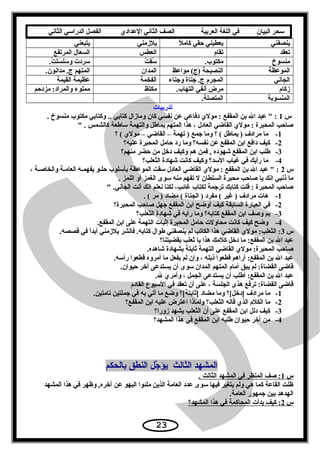 ‫سحر‬‫البيان‬‫في‬‫اللغة‬‫العربية‬‫الصف‬‫الثاني‬‫الدعدادي‬‫الفصل‬‫الدراسي‬‫الثاني‬
‫ينصفني‬‫ل‬ً缶 ‫يعطيني× حقي× كام‬‫يلزمني‬‫يتبعني‬
‫تعقد‬‫تقام‬‫العطس‬‫السعال× المرتفع‬
‫منسوخ‬.‫مكتوب‬‫ت‬ُ ‫سق‬ُ.‫ت‬ُ ‫سردت× وسلسل‬
‫الموعظة‬‫النصيحة× )ج(× مواعظ‬‫المدان‬.‫المتهم× ج.× مدانون‬
‫الجاني‬‫المجرم× ج.× جناة× وجناء‬‫الفخمة‬‫عظيمة× القيمة‬
‫زكام‬.‫مرض× أنفي× التهاب‬‫مكتظ‬‫مملوء× والمراد:× مزدحم‬
‫المنسوبة‬.‫المتصلة‬
 ×‫تدريبات‬
‫× س‬1 × ×. ×‫× :× × عبد× ال× بن× المقفع× :× مولي× دفاعي× عن× نفسي× كان× ومازال× كتابي× ..× وكتابي× مكتوب× منسوخ‬
 ×. ×‫صاحب× المحبرة× :× مولي× القاضي× العادل× ،× هذا× المتهم× يمايطل× والتهمة× سايطعة× كالشمس‬
1-‫× ما× مرادف× )× يمايطل× (× ؟× وما× جمع× )× تهمة× –× القاضي× –× مولي× (× ؟‬
2- ×‫كيف× دافع× ابن× المقفع× عن× نفسه؟× وما× رد× حامل× المحبرة× عليه؟‬
3-‫يطلب× ابن× المقفع× شهوده× ,× فمن× هم× وكيف× دخل× من× حضر× منهم؟‬
4-‫× ما× رأيك× في× غياب× السد؟× وكيف× كانت× شهادة× الثعلب؟‬
‫س‬2، ×‫ثة‬‫ث‬‫ثة× والخاص‬‫ث‬‫ثه× العام‬‫ث‬‫ثو× يفهم‬‫ث‬‫× :× × عبد× ال× بن× المقفع× :× مولي× القاضي× العادل× سقت× الموعظة× بأسلوب× حل‬ ×
 ×. ×‫ما× ذنبي× انك× يا× صاحب× محبرة× السلطان× ل× تفهم× منه× سوى× الغمز× أو× اللمز‬
 ×.‫صاحب× المحبرة× :× قلت× كتابك× ترجمة× لكتاب× غائب،× لكنا× نعلم× انك× أنت× الجاني‬
1-. ×( ×‫× هات× مرادف× )× غير× (× مفرد× )× الجناة× (× مضاد× )× مر‬
2-‫في× العبارة× السابقة× كيف× أوضح× ابن× المقفع× جهل× صاحب× المحبرة؟‬
3-‫بم× وصف× ابن× المقفع× كتابه؟× وما× رأيه× في× شهادة× الثعلب؟‬
4-.‫× وضح× كيف× كانت× محاولت× حامل× المحبرة× إثبات× التهمة× على× ابن× المقفع‬
‫س‬3.‫ا× في× قصصه‬ً缶‫د‬‫:× الثعلب:× مولي× القاضي× هذا× الكاتب× لم× ينصفني× يطوال× كتابه.× فالشر× يلزمني× أب‬
‫عبد× ال× بن× المقفع:× ما× دخل× كلمك× هذا× يا× ثعلب× بقضيتنا؟‬
.‫صاحب× المحبرة:× مولي× القاضي× التهمة× ثابتة× بشهادة× شاهده‬
.‫عبد× ال× بن× المقفع:× أراهم× قطعوا× ذيله× ،× وإن× لم× يفعل× ما× أمروه× قطعوا× رأسه‬
.‫قاضى× القضاة:× لم× يبق× أمام× المتهم× المدان× سوى× أن× يستدعى× آخر× حيوان‬
.‫عبد× ال× بن× المقفع:× أيطلب× أن× يستدعى× الجمل× ،× وأمري× ل‬
‫قاضى× القضاة:× ترفع× هذى× الجلسة× ،× على× أن× تعقد× في× السبوع× القادم‬
1-.‫ما× مرادف× ]دخل[؟× وما× مضاد× ]ثابتة[؟× وضع× ما× أتي× به× في× جملتين× تامتين‬
2-‫ما× الكلم× الذي× قاله× الثعلب؟× ولماذا× اعترض× عليه× ابن× المقفع؟‬
3-‫كيف× دلل× ابن× المقفع× على× أن× الثعلب× يشهد× زورا؟‬
4-‫من× آخر× حيوان× يطلبه× ابن× المقفع× في× هذا× المشهد؟‬
‫جل× النطق× بالحكم‬َّ ‫المشهد× الثالث× × يؤ‬
‫س‬ ×  × × × × ×1 × ×. ×‫:× صف× المنظر× في× المشهد× الثالث‬ ×  ×
‫ظلت× القاعة× كما× هي× ولم× يتغير× فيها× سوى× عدد× العامة× الذين× ملئوا× البهو× عن× آخره,× وظهر× في× هذا× المشهد‬ ×
 ×.‫الهدهد× بين× جمهور× العامة‬
‫س‬ ×  × × × × ×2 × ×‫:× كيف× بدأت× المحاكمة× في× هذا× المشهد؟‬ ×  ×
23
 