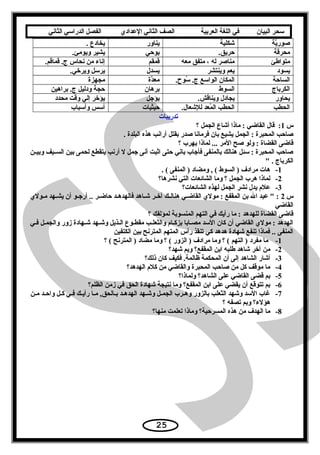 ‫سحر‬‫البيان‬‫في‬‫اللغة‬‫العربية‬‫الصف‬‫الثاني‬‫الدعدادي‬‫الفصل‬‫الدراسي‬‫الثاني‬
‫ية‬َّ‫صور‬‫شكلية‬‫يناور‬. ×‫يخادع‬
‫محرقة‬.‫حريق‬‫يوحي‬.‫مئ‬ِ‫ي‬ ‫يشير× ويو‬
‫متوايطئ‬‫مناصر× له× ،× متفق× معه‬‫قمقم‬.‫إناء× من× نحاس× ج.× قماقم‬
‫يسود‬‫يعم× وينتشر‬‫يسدل‬.‫يرسل× ويرخي‬
‫الساحة‬.‫سوح‬ُ  ×.‫المكان× الواسع× ج‬‫دة‬َّ‫مع‬‫مجهزة‬
‫الكرباج‬‫السوط‬‫برهان‬‫حجة× ودليل× ج.× براهين‬
‫يحاور‬.‫يجادل× ويناقش‬‫يؤجل‬‫يؤخر× إلي× وقت× محدد‬
‫الحطب‬.‫معد× للشعال‬ُ ‫الحطب× ال‬‫حيثيات‬‫أسس× وأسباب‬
 × × × × × × × × × × × × × × × × × × × × × × × × × × × × × × × × × × × × × × × × × × ×‫× × × × × × × × × × × × × × × × × تدريبات‬
‫س‬1‫:× × قال× القاضي× :× ماذا× أشاع× الجمل× ؟‬
. ×‫صاحب× المحبرة× :× الجمل× يشيع× بان× فرمانا× صدر× بقتل× أرانب× هذه× البلدة‬
‫قاضى× القضاة× :× ولو× صح× المر× ...× لماذا× يهرب× ؟‬
‫ثن‬‫ث‬‫ثيف× وبي‬‫ث‬‫صاحب× المحبرة× :× سئل× هنالك× بالمنفى× فأجاب× باني× حتى× اثبت× أنى× جمل× ل× أرنب× يتقطع× لحمى× بين× الس‬ ×
 ×. ×‫الكرباج‬
1-. ×( ×‫هات× مرادف× )× السوط× (× ,× ومضاد× )× المنفى‬
2-‫لماذا× هرب× الجمل× ؟× وما× الشائعات× التي× نشرها؟‬
3- ×‫علم× يدل× نشر× الجمل× لهذه× الشائعات؟‬
‫س‬2‫ثولي‬‫ث‬‫ثهد× م‬‫ث‬‫ثو× أن× يش‬‫ث‬‫ثر× ..× أرج‬‫ث‬‫ثد× حاض‬‫ث‬‫ثاهد× فالهده‬‫ث‬‫ثر× ش‬‫ث‬‫ثك× آخ‬‫ث‬‫ثي× هنال‬‫ث‬‫× :× × عبد× ال× بن× المقفع× :× مولي× القاض‬ ×
 ×‫القاضي‬
‫قاضى× القضاة× للهدهد× :× ما× رأيك× في× التهم× المنسوبة× لمؤلفك× ؟‬
‫الهدهد× :× مولي× القاضي× أن× كان× السد× مصثابا× بزكثام× والثعلثب× مقطثوع× الثذيل× وشثهد× شثهادة× زور× والجمثل× فثي‬ ×
 ×‫المنفى× ..× فماذا× تنفع× شهادة× هدهد× كي× تنقذ× رأس× المتهم× المترنح× بين× الكتفين‬
1-‫× ما× مفرد× )× التهم× (× ؟× وما× مرادف× )× الزور× (× ؟× وما× مضا‬‫د‬‫× )× المترنح× (× ؟‬
2-‫من× آخر× شاهد× يطلبه× ابن× المقفع؟× ويم× شهد؟‬
3-‫أشار× الشاهد× إلى× أن× المحكمة× ظالمة.× فكيف× كان× ذلك؟‬
4-‫ما× موقف× كل× من× صاحب× المحبرة× والقاضي× من× كلم× الهدهد؟‬
5-‫بم× قضى× القاضي× على× الشاهد؟× ولماذا؟‬
6-‫بم× تتوقع× أن× يقضي× على× ابن× المقفع؟× وما× نتيجة× شهادة× الحق× في× زمن× الظلم؟‬
7-‫ثد× مثن‬‫ث‬‫ثل× واح‬‫ث‬‫ثي× ك‬‫ث‬‫ثك× ف‬‫ث‬‫ثا× رأي‬‫ث‬‫ثالحق,× م‬‫ث‬‫ثد× ب‬‫ث‬‫ثهد× الهده‬‫ث‬‫ثل× وش‬‫ث‬‫ثرب× الجم‬‫ث‬‫غاب× السد× وشهد× الثعلب× بالزور× وه‬ ×
 ×‫هؤلء؟× وبم× تصفه× ؟‬
8-‫ما× الهدف× من× هذه× المسرحية؟× وماذا× تعلمت× منها؟‬
25
 
