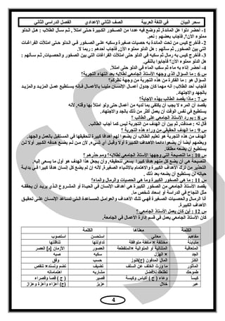 ‫سحر‬‫البيان‬‫في‬‫اللغة‬‫العربية‬‫الصف‬‫الثاني‬‫الدعدادي‬‫الفصل‬‫الدراسي‬‫الثاني‬
1‫عدلو‬‫ع‬‫ال‬ ‫عل‬‫ع‬‫ه‬ : ‫الطلب‬ ‫عأل‬‫ع‬‫تس‬ ‫عم‬‫ع‬‫ث‬ , ‫امتل‬ ‫عتى‬‫ع‬‫ح‬ ‫عبيرة‬‫ع‬‫الك‬ ‫عخور‬‫ع‬‫الص‬ ‫من‬ ‫عددا‬ ‫فيه‬ ‫وضع‬ ‫ثم‬ ,‫المائدة‬ ‫عل‬ ‫دلوا‬ ‫أحضر‬ -
.‫سنعم‬ : ‫بعضهم‬ ‫فأيجاب‬ ,‫الن؟‬ ‫مملوء‬
2‫عات‬‫ع‬‫الفراغ‬ ‫امتلت‬ ‫عتى‬‫ع‬‫ح‬ ‫عدلو‬‫ع‬‫ال‬ ‫فعي‬ ‫الصعخور‬ ‫عى‬‫ع‬‫عل‬ ‫وتسكبه‬ ‫صغيرة‬ ‫حصيات‬ ‫به‬ ‫المائدة‬ ‫تحت‬ ‫من‬ ‫كيس‬ ‫فأخرج‬ -
.‫ل‬ ‫ربما‬ : ‫أحدهم‬ ‫فأيجاب‬ ,‫الن‬ ‫مملوء‬ ‫الدلو‬ ‫هل‬ : ‫تسألهم‬ ‫ثم‬ ,‫الصخور‬ ‫بين‬ ‫التي‬
3: ‫عألهم‬‫ع‬‫تس‬ ‫عم‬‫ع‬‫ث‬ ,‫عيات‬‫ع‬‫والحص‬ ‫الصخور‬ ‫بين‬ ‫التي‬ ‫الفراغات‬ ‫امتلت‬ ‫حتى‬ ‫الدلو‬ ‫في‬ ‫تسكبه‬ ‫ثم‬ ‫رمال‬ ‫به‬ ‫كيس‬ ‫فأخرج‬ -
.‫بالنفي‬ ‫فأيجابوا‬ ‫الن؟‬ ‫مملوء‬ ‫الدلو‬ ‫هل‬
4.‫امتل‬ ‫حتى‬ ‫الدلو‬ ‫في‬ ‫الماء‬ ‫تسكب‬ ‫ثم‬ ‫ماء‬ ‫به‬ ‫إسناء‬ ‫أحضر‬ -
‫س‬6‫التجربة؟‬ ‫اسنتهاء‬ ‫بعد‬ ‫لطلبه‬ ‫الجامعي‬ ‫التستاذ‬ ‫ويجهه‬ ‫الذي‬ ‫السؤال‬ ‫ما‬ :
‫سنظركم؟‬ ‫ويجهة‬ ‫من‬ ‫التجربة‬ ‫هذه‬ ‫من‬ ‫الفكرة‬ ‫ما‬ : ‫هو‬ ‫السؤال‬
‫عد‬‫ع‬‫والمزي‬ ‫عد‬‫ع‬‫المزي‬ ‫عل‬‫ع‬‫عم‬ ‫عتطيع‬‫ع‬‫يس‬ ‫عإسنه‬‫ع‬‫ف‬ ‫عال‬‫ع‬‫بالعم‬ ‫عا‬‫ع‬‫مليئ‬ ‫عان‬‫ع‬‫السنس‬ ‫عال‬‫ع‬‫أعم‬ ‫يجدول‬ ‫كان‬ ‫مهما‬ ‫أسنه‬ :‫الطلب‬ ‫أحد‬ ‫فأيجاب‬
.‫واليجتهاد‬ ‫بالجهد‬
‫س‬7‫اليجابة؟‬ ‫بهذه‬ ‫الطالب‬ ‫يقصد‬ ‫ماذا‬ :
‫لسنه‬ ,‫وقته‬ ‫بها‬ ‫امتل‬ ‫ولو‬ ‫حتى‬ ‫أعمال‬ ‫من‬ ‫لديه‬ ‫بما‬ ‫يكتفي‬ ‫أن‬ ‫يجب‬ ‫ل‬ ‫المرء‬ ‫أن‬ ‫يقصد‬
.‫واليجتهاد‬ ‫بالجد‬ ‫ذلك‬ ‫من‬ ‫أكثر‬ ‫يعمل‬ ‫أن‬ ‫الوقت‬ ‫سنفس‬ ‫في‬ ‫يستطيع‬
‫س‬8‫؟‬ ‫الطالب‬ ‫على‬ ‫الجامعي‬ ‫التستاذ‬ ‫رد‬ ‫بم‬ :
.‫الطالب‬ ‫أيجاب‬ ‫كما‬ ‫ليس‬ ‫التجربة‬ ‫من‬ ‫الهدف‬ ‫أن‬ ‫بين‬ ‫ثم‬ ,‫صدقت‬ : ‫له‬ ‫قال‬
‫س‬9‫؟‬ ‫التجربة‬ ‫هذه‬ ‫وراء‬ ‫من‬ ‫الحقيقي‬ ‫الهدف‬ ‫ما‬ :
.‫والجهد‬ ‫بالعمل‬ ‫المستقبل‬ ‫في‬ ‫لتحقيقها‬ ‫كبيرة‬ ‫أهدافا‬ ‫لهم‬ ‫يضعوا‬ ‫أن‬ ‫الطلب‬ ‫تعليم‬ ‫هو‬ ‫التجربة‬ ‫هذه‬ ‫من‬ ‫الهدف‬
‫لعن‬ ‫أول‬ ‫الكعبير‬ ‫هعدفه‬ ‫يضعع‬ ‫لعم‬ ‫معن‬ ‫لن‬ ,‫شعيء‬ ‫أي‬ ‫وقبعل‬ ‫أول‬ ‫الكعبيرة‬ ‫الهعداف‬ ‫دائما‬ ‫يضعوا‬ ‫أن‬ ‫أيضا‬ ‫ويعلمهم‬
.‫مطلقا‬ ‫يضعه‬ ‫أن‬ ‫يستطيع‬
‫س‬10‫؟‬ ‫حذرهم‬ ‫ومم‬ ‫لطلبه؟‬ ‫الجامعي‬ ‫التستاذ‬ ‫ويجهها‬ ‫التي‬ ‫النصيحة‬ ‫ما‬ :
.‫إليه‬ ‫يسعى‬ ‫ما‬ ‫أول‬ ‫هو‬ ‫الهدف‬ ‫هذا‬ ‫يجعل‬ ‫وأن‬ ,‫لتحقيقه‬ ‫يسعى‬ ‫كبيرا‬ ‫هدفا‬ ‫منهم‬ ‫كل‬ ‫يضع‬ ‫أن‬ ‫هي‬ ‫النصيحة‬
‫عة‬‫ع‬‫بداي‬ ‫عي‬‫ع‬‫ف‬ ‫كبيرا‬ ‫هدفا‬ ‫إسنسان‬ ‫كل‬ ‫يضع‬ ‫لم‬ ‫إن‬ ‫لسنه‬ ,‫الصغيرة‬ ‫بالشياء‬ ‫والهتمام‬ ‫الكبيرة‬ ‫الهداف‬ ‫ترك‬ ‫من‬ ‫التحذير‬
. ‫ذلك‬ ‫بعد‬ ‫يضعه‬ ‫أن‬ ‫يستطيع‬ ‫لن‬ ‫حياته‬
‫س‬11‫والماء؟‬ ‫والرمال‬ ‫الحصيات‬ ‫هي‬ ‫وما‬ ‫الكبيرة‬ ‫الصخور‬ ‫هي‬ ‫ما‬ :
‫يحققعه‬ ‫أن‬ ‫يريعد‬ ‫العذي‬ ‫المشعروع‬ ‫أو‬ ‫الحيعاة‬ ‫في‬ ‫السنسان‬ ‫أهداف‬ ‫هي‬ ‫الكبيرة‬ ‫الصخور‬ ‫من‬ ‫الجامعي‬ ‫التستاذ‬ ‫يقصد‬
.‫ما‬ ‫شخص‬ ‫إتسعاد‬ ‫أو‬ ‫الدراتسة‬ ‫في‬ ‫النجاح‬ ‫مثل‬
‫تحقيعق‬ ‫علعى‬ ‫عان‬‫ع‬‫السنس‬ ‫عاعد‬‫ع‬‫تس‬ ‫عتي‬‫ع‬‫ال‬ ‫عاعدة‬‫ع‬‫المس‬ ‫عل‬‫ع‬‫والعوام‬ ‫عداف‬‫ع‬‫اله‬ ‫تلعك‬ ‫عي‬‫ع‬‫فه‬ ‫الصعغيرة‬ ‫والحصعيات‬ ‫عال‬‫ع‬‫الرم‬ ‫أسنا‬
.‫الكبيرة‬ ‫الهداف‬
‫س‬12‫؟‬ ‫الجامعي‬ ‫التستاذ‬ ‫يعمل‬ ‫كان‬ ‫أين‬ :
.‫الجامعة‬ ‫في‬ ‫العمال‬ ‫إدارة‬ ‫قسم‬ ‫في‬ ‫يعمل‬ ‫الجامعي‬ ‫التستاذ‬ ‫كان‬
‫الكلمة‬‫معناها‬‫الكلمة‬
‫مفاهيم‬‫معاني‬‫استحسن‬‫استصوب‬
‫متباينة‬‫مختلفة‬‫متفقة‬ ×‫متوافقة‬‫تداولتها‬‫تناقلتها‬
‫المتعاقبة‬‫المتتالية‬‫أو‬‫المتوالية‬‫×المتقطعة‬‫العصور‬‫المزمان‬‫العصر‬ [‫]م‬
‫الجد‬‫الهزل‬ ×‫سكبه‬‫صبه‬
‫الكنز‬‫المال‬‫المدفون‬‫)ج(كنومز‬‫حسب‬‫وفق‬
‫المأثور‬‫ما‬‫ورث‬‫الخلف‬‫دعن‬‫السلف‬‫تضيف‬‫تضم‬‫تنقص‬ ×‫وتسند‬
‫طموحك‬‫تطلعك‬‫للفضل‬‫مشاربه‬‫اهتماماته‬
‫ا‬ً‫كيس‬‫ودعاء‬‫ج‬ )‫أكياس‬ (‫وكيسة‬‫قصير‬‫ج‬ )‫قصا‬ِ‫ص‬ (‫وقصراء‬
‫دعبر‬‫خلل‬‫دعزيز‬‫أدعزاء‬ (‫)ج‬‫وأدعزة‬‫ودعزامز‬
4
 