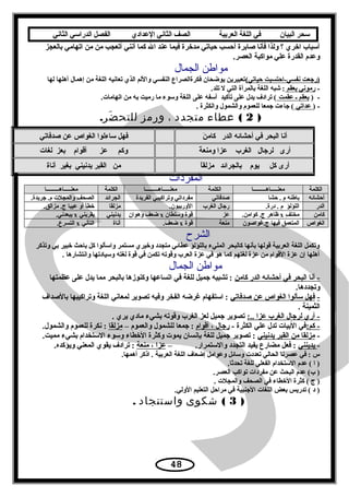 ‫سحر‬‫البيان‬‫في‬‫اللغة‬‫العربية‬‫الصف‬‫الثاني‬‫الدعدادي‬‫الفصل‬‫الدراسي‬‫الثاني‬
‫بالعجز‬ ‫اتهامي‬ ‫من‬ ‫من‬ ‫أتعجب‬ ‫أنني‬ ‫كما‬ ‫ال‬ ‫عند‬ ‫فيما‬ ‫مدخرة‬ ‫حياتي‬ ‫أحسب‬ ‫صابرة‬ ‫فأنا‬ ‫ولذا‬ ‫؟‬ ‫اخري‬ ‫أسباب‬
.‫العصر‬ ‫مواكبة‬ ‫علي‬ ‫القدرة‬ ‫وعدم‬
‫الجمال‬ ‫مواطن‬
(‫حياتي‬ ‫نفسي-احتسبت‬ ‫)رجعت‬‫لها‬ ‫أهلها‬ ‫إهمال‬ ‫من‬ ‫اللغة‬ ‫تعانيه‬ ‫الذي‬ ‫واللم‬ ‫النفسي‬ ‫فكرةالصراع‬ ‫يوضحان‬ ‫تعبيرين‬
-‫بعقم‬ ‫رموني‬.‫تلد‬ ‫ل‬ ‫التي‬ ‫بالمرأة‬ ‫اللغة‬ ‫شبه‬ :
) -‫عقمت‬ ‫ـ‬ ‫بعقم‬.‫اتهامات‬ ‫من‬ ‫به‬ ‫رميت‬ ‫ما‬ ‫وسوء‬ ‫اللغة‬ ‫على‬ ‫أسفه‬ ‫تأكيد‬ ‫على‬ ‫يدل‬ ‫ترادف‬ (
) -‫عداتي‬. ‫والكثرة‬ ‫والشمول‬ ‫للعموم‬ ‫جمعا‬ ‫جاءت‬ (
)2(‫عطاء‬‫متجدد‬،‫ورمز‬.‫ضر‬َ ‫للتح‬
‫المفردات‬
‫الكلمة‬‫معنـــــاهـــــــــا‬‫الكلمة‬‫معنـــــاهـــــــــا‬‫الكلمة‬‫معنـــــاهـــــــــا‬
‫أحشائه‬‫حشا‬ . ‫م‬ ‫باطنه‬‫صدفاتي‬‫الفريدة‬ ‫وتراكيبي‬ ‫مفرداتي‬‫الجرائد‬.‫جريدة‬ .‫م‬ ‫والمجلت‬ ‫الصحف‬
‫الدر‬.‫درة‬ . ‫م‬ ‫اللؤلؤ‬‫الغرب‬ ‫رجال‬.‫الوربيون‬‫مزلقا‬.‫مزالق‬ .‫ج‬ ‫عيبا‬ ‫أو‬ ‫خطأ‬
‫كامن‬‫ف‬ِ  ‫مخت‬x.‫كوامن‬ .‫ج‬ ‫ظاهر‬‫عز‬‫وسلطان‬ ‫قوة‬x‫وهوان‬ ‫ضعف‬‫يدنيني‬‫يقربني‬x.‫يبعدني‬
‫الغواص‬‫ج.غواصون‬ ‫فيها‬ ‫المتعمق‬‫منعة‬‫قوة‬x.‫ف‬َ. ‫ضع‬‫أناة‬‫التأني‬x.‫التسرع‬
‫الشرح‬
‫وتذكر‬ ‫بي‬ ‫خبير‬ ‫باحث‬ ‫كل‬ ‫واسألوا‬ ‫مستمر‬ ‫وخيري‬ ‫متجدد‬ ‫عطائي‬ ‫باللؤلؤ‬ ‫المليء‬ ‫كالبحر‬ ‫بأنها‬ ‫قولها‬ ‫العربية‬ ‫اللغة‬ ‫وتكمل‬
. ‫وانتشارها‬ ‫وسيادتها‬ ‫لغته‬ ‫قوة‬ ‫في‬ ‫تكمن‬ ‫وقوته‬ ‫العرب‬ ‫عزة‬ ‫في‬ ‫هو‬ ‫كما‬ ‫لغتهم‬ ‫عزة‬ ‫من‬ ‫القوام‬ ‫عزة‬ ‫إن‬ ‫أهلها‬
‫الجمال‬ ‫مواطن‬
‫كامن‬ ‫الدر‬ ‫أحشائه‬ ‫في‬ ‫البحر‬ ‫أنا‬ -‫عظمتها‬ ‫على‬ ‫يدل‬ ‫مما‬ ‫بالبحر‬ ‫وكنوزها‬ ‫اتساعها‬ ‫في‬ ‫للغة‬ ‫جميل‬ ‫تشبيه‬ :
.‫وتجددها‬
-‫صدفاتي‬ ‫عن‬ ‫الغواص‬ ‫سألوا‬ ‫فهل‬‫بالصداف‬ ‫وتراكيبها‬ ‫اللغة‬ ‫لمعاني‬ ‫تصوير‬ ‫وفيه‬ ‫الفخر‬ ‫غرضه‬ ‫استفهام‬ :
. ‫الثمينة‬
:.. ‫عزا‬ ‫الغرب‬ ‫لرجال‬ ‫أري‬ -. ‫يري‬ ‫مادي‬ ‫بشيء‬ ‫وقوته‬ ‫الغرب‬ ‫لعز‬ ‫جميل‬ ‫تصوير‬
:‫كم‬ -- ‫الكثرة‬ ‫علي‬ ‫تدل‬ ‫البيات‬ ‫في‬‫أقوام‬ ، ‫رجال‬– ‫والعموم‬ ‫للشمول‬ ‫جمعا‬ :‫مزلقا‬.‫والشمول‬ ‫للعموم‬ ‫نكرة‬ :
-‫يدنيني‬ ‫القبر‬ ‫من‬ ‫مزلقا‬.‫مميت‬ ‫بشيء‬ ‫الستخدام‬ ‫وسوء‬ ‫الخطاء‬ ‫وكثرة‬ ‫يموت‬ ‫بإنسان‬ ‫للغة‬ ‫جميل‬ ‫تصوير‬ :
-‫يدينني‬– .‫والستمرار‬ ‫التجدد‬ ‫يفيد‬ ‫مضارع‬ ‫فعل‬ :‫منعة‬ ، ‫عزا‬.‫ويؤكده‬ ‫المعني‬ ‫يقوي‬ ‫ترادف‬ :
.‫أهمها‬ ‫اذكر‬ . ‫العربية‬ ‫اللغة‬ ‫إضعاف‬ ‫وعوامل‬ ‫وسائل‬ ‫تعددت‬ ‫الحالي‬ ‫عصرنا‬ ‫في‬ : ‫س‬
.‫تحدثا‬ ‫للغة‬ ‫الفعلي‬ ‫الستخدام‬ ‫عدم‬ ( ‫ا‬ )
.‫العصر‬ ‫تواكب‬ ‫مفردات‬ ‫عن‬ ‫البحث‬ ‫عدم‬ (‫ب‬ )
. ‫والمجلت‬ ‫الصحف‬ ‫في‬ ‫الخطاء‬ ‫كثرة‬ ( ‫ج‬ )
.‫الولي‬ ‫التعليم‬ ‫مراحل‬ ‫في‬ ‫الجنبية‬ ‫اللغات‬ ‫بعض‬ ‫تدريس‬ ( ‫د‬ )
)3(‫شكوى‬‫واستنجاد‬.
48
‫ن‬َ. ‫كام‬ ‫الدر‬ ‫أحشائه‬ ‫في‬ ‫البحر‬ ‫أنا‬‫صدفاتي‬ ‫عن‬ ‫الغواص‬ ‫ساءلوا‬ ‫فهل‬
‫ة‬ً ‫ومنع‬ ‫عزا‬ ‫الغرب‬ ‫لرجال‬ ‫أرى‬‫لغات‬ ‫بعز‬ ‫أقوام‬ ‫عز‬ ‫وكم‬
‫ا‬ً‫مزلق‬ ‫بالجرائد‬ ‫يوم‬ ‫كل‬ ‫أرى‬‫أناة‬ ‫بغير‬ ‫يدنيني‬ ‫القبر‬ ‫من‬
 