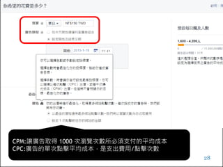 Facebook廣告
28
CPM:讓廣告取得 1000 次瀏覽次數所必須支付的平均成本
CPC:廣告的單次點擊平均成本，是支出費用/點擊次數
 