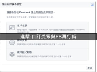 Facebook廣告
33
進階:自訂受眾與FB再行銷
 