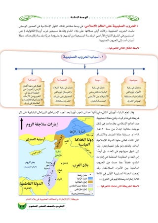 ‫الثالثة‬‫الوحدة‬
103 ‫الثانوي‬ ‫الثاين‬ ‫التاريخ-لل�صف‬
‫الو�سطى‬ ‫الع�صور‬ ‫في‬ ‫إ�سالمية‬‫ل‬‫ا‬ ‫القوى‬ ‫تفكك‬ ‫مظاهر‬ ‫و�سط‬ ‫في‬:‫إ�سالمي‬‫ل‬‫ا‬ ‫العالم‬ ‫على‬ ‫ال�صليبية‬ ‫الحروب‬ •
‫على‬ )‫أوربا(الكاثوليك‬� ‫غرب‬ ‫م�سيحيو‬ ‫وقادها‬ ‫ال�شام‬ ‫بالد‬ ‫على‬ ‫حمالتها‬ ‫أولى‬� ‫وكانت‬ ،‫ال�صليبية‬ ‫الحروب‬ ‫ن�شبت‬
‫جملة‬ ‫هناك‬ ‫وكان‬ ‫مقد�سة‬ ‫ا‬ً‫ب‬‫حر‬ ‫واعتبروها‬ ،‫أيديهم‬� ‫من‬ ‫الم�سيحية‬ ‫المقد�سة‬ ‫أرا�ضي‬‫ل‬‫ا‬ ‫النتزاع‬ ‫ال�شرق‬ ‫في‬ ‫الم�سلمين‬
.‫ال�صليبية‬‫الحروب‬‫إلى‬�‫أدت‬�‫أ�سباب‬�
...‫لتتعرفها‬‫التالي‬‫ال�شكل‬‫الحظ‬
‫ال�صليبية‬‫الحروب‬‫أ�سباب‬�.1
‫�سيا�سية‬‫دينية‬‫اقت�صادية‬‫اجتماعية‬
‫رغبة‬‫في‬‫وتتمثل‬
‫في‬‫أوربا‬�‫ب‬‫أمراء‬‫ل‬‫ا‬
‫م�ستقلة‬‫إمارات‬�‫إن�شاء‬�
.‫ال�شرق‬‫في‬‫لهم‬
‫رغبة‬‫في‬‫تتمثل‬
‫في‬‫بالغرب‬‫الباباوات‬
‫أرا�ضي‬‫ل‬‫ا‬‫على‬‫اال�ستيالء‬
.‫بال�شرق‬‫المقد�سة‬
‫النبالء‬‫رغبة‬‫في‬‫تتمثل‬
‫في‬‫أوربا‬�‫ب‬‫والفر�سان‬
‫خيرات‬‫على‬‫الح�صول‬
.‫وممتلكاته‬‫ال�شرق‬
‫أقنان‬�‫رغبة‬‫في‬‫تتمثل‬
‫من‬)‫(العبيد‬‫أر�ض‬‫ل‬‫ا‬
‫في‬‫الدنيا‬‫الطبقة‬
‫أزمات‬‫ل‬‫ا‬‫من‬‫الخروج‬
‫واالقت�صادية‬‫االجتماعية‬
.‫أوربا‬�‫في‬‫الطاحنة‬
‫إثر‬� ‫على‬ ‫للباباوية‬ ‫البيزنطى‬ ‫إمبراطور‬‫ل‬‫ا‬ ‫لجوء‬ ‫بعد‬ ‫أوربا‬� ‫�شعوب‬ ‫حما�س‬ ‫إثارة‬� ‫في‬ »‫الثاني‬ ‫أوربان‬� « ‫البابا‬ ‫نجح‬ ‫وقد‬
‫�صليبية‬‫حمالت‬‫و�شن‬،‫مانزكرت‬‫في‬‫هزيمته‬
‫�شكل‬ ‫في‬ ‫وقدجاءت‬ ،‫إ�سالمي‬‫ل‬‫ا‬ ‫العالم‬ ‫�ضد‬
/‫ـ‬‫ه‬490 ‫�سنة‬ ‫من‬ ً‫ء‬‫ابتدا‬ ‫متتالية‬ ‫موجات‬
‫واالنق�سام‬ ‫ال�ضعف‬ ‫حالة‬ ‫م�ستغلة‬ ،‫6901م‬
‫إ�سالمية‬‫ل‬‫ا‬ ‫الدولة‬ ‫منها‬ ‫تعانى‬ ‫كانت‬ ‫التى‬
‫ا‬ً‫ع‬‫راج‬ ‫انت�صارهم‬ ‫يكن‬ ‫ولم‬ ‫ولذلك‬ ،‫آنذاك‬�
‫أي�ضًا‬� ‫بل‬ ،‫العدد‬ ‫في‬ ‫جيو�شهم‬ ‫تفوق‬ ‫إلى‬�
‫إمارات‬� ‫في‬ ‫المنظمة‬ ‫المقاومة‬ ‫انعدام‬ ‫إلى‬�
‫الحروب‬ ‫من‬ ‫حدث‬ ‫عما‬ ً‫ال‬‫ف�ض‬ ،‫ال�شام‬
‫وقد‬ ،‫ال�سالجقة‬ ‫أمراء‬‫ل‬‫ا‬ ‫بين‬ ‫الداخلية‬
‫إقامة‬� ‫في‬ ‫أولى‬‫ل‬‫ا‬ ‫ال�صليبية‬ ‫الحملة‬ ‫نجحت‬
...‫ال�شرق‬‫في‬‫لهم‬‫ومملكة‬‫إمارات‬�‫ثالث‬
...‫لتتعرفها‬‫امامك‬‫التى‬‫الخريطة‬‫الحظ‬
‫ال�شام‬‫بالد‬‫في‬‫ال�صليبية‬‫والممالك‬‫إمارات‬‫ل‬‫ا‬)27(‫خريطة‬
 
